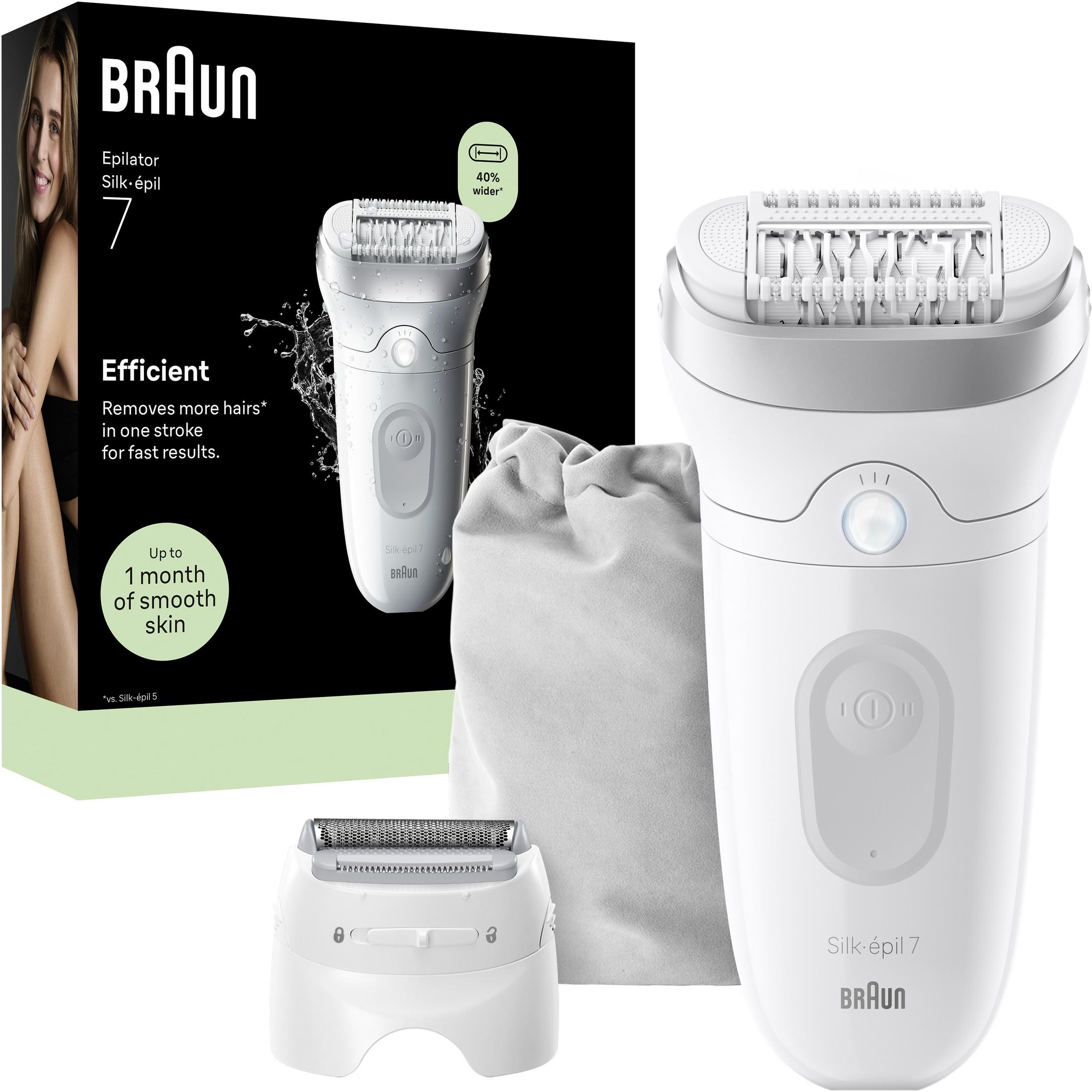 Epilatore Braun Silk-épil 7 con accessori, inclusi accessorio e pochette.