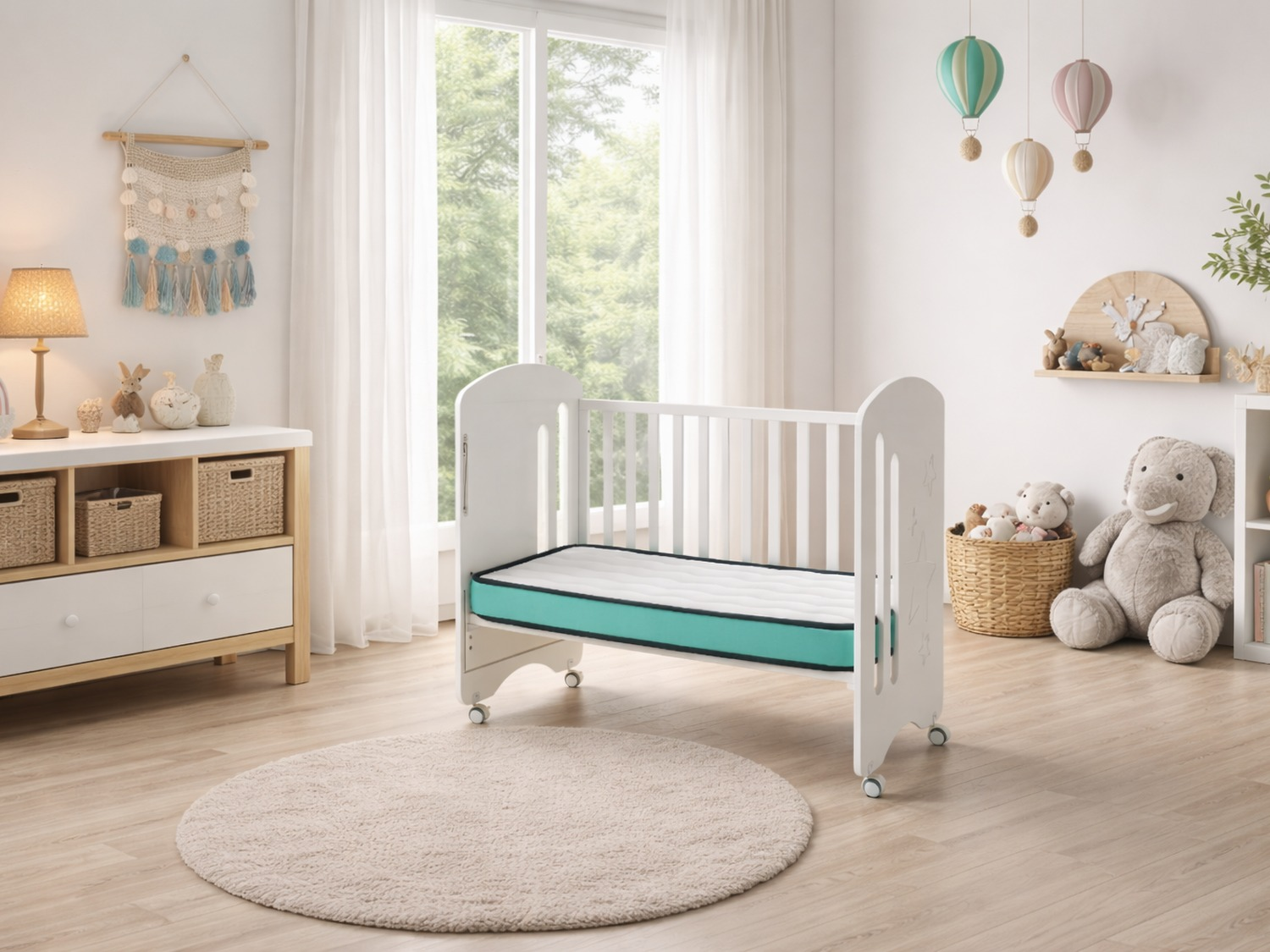 Una cuna blanca con colchón turquesa en una habitación luminosa.