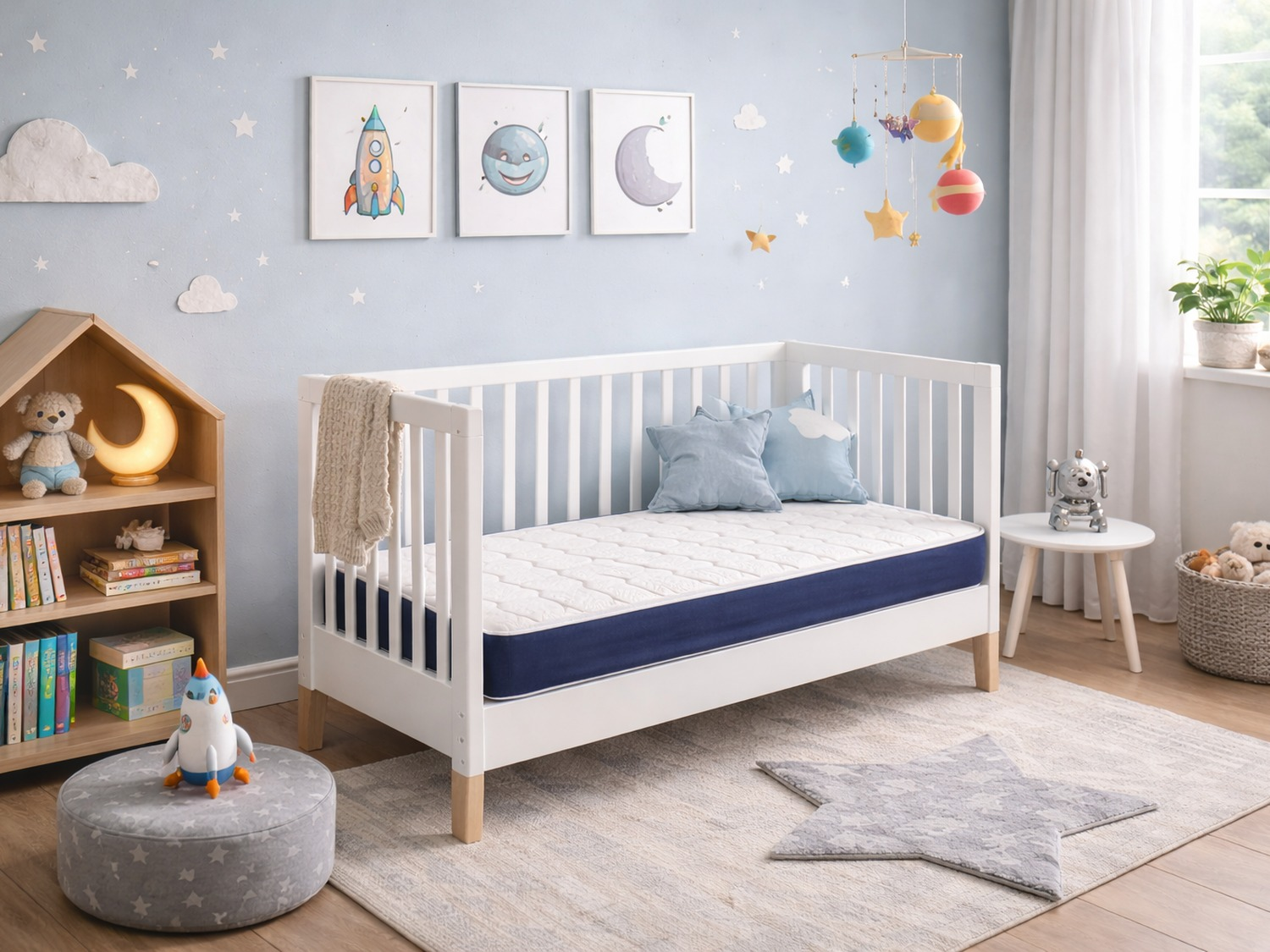 Una habitación infantil con cuna blanca, juguetes y decoración espacial.