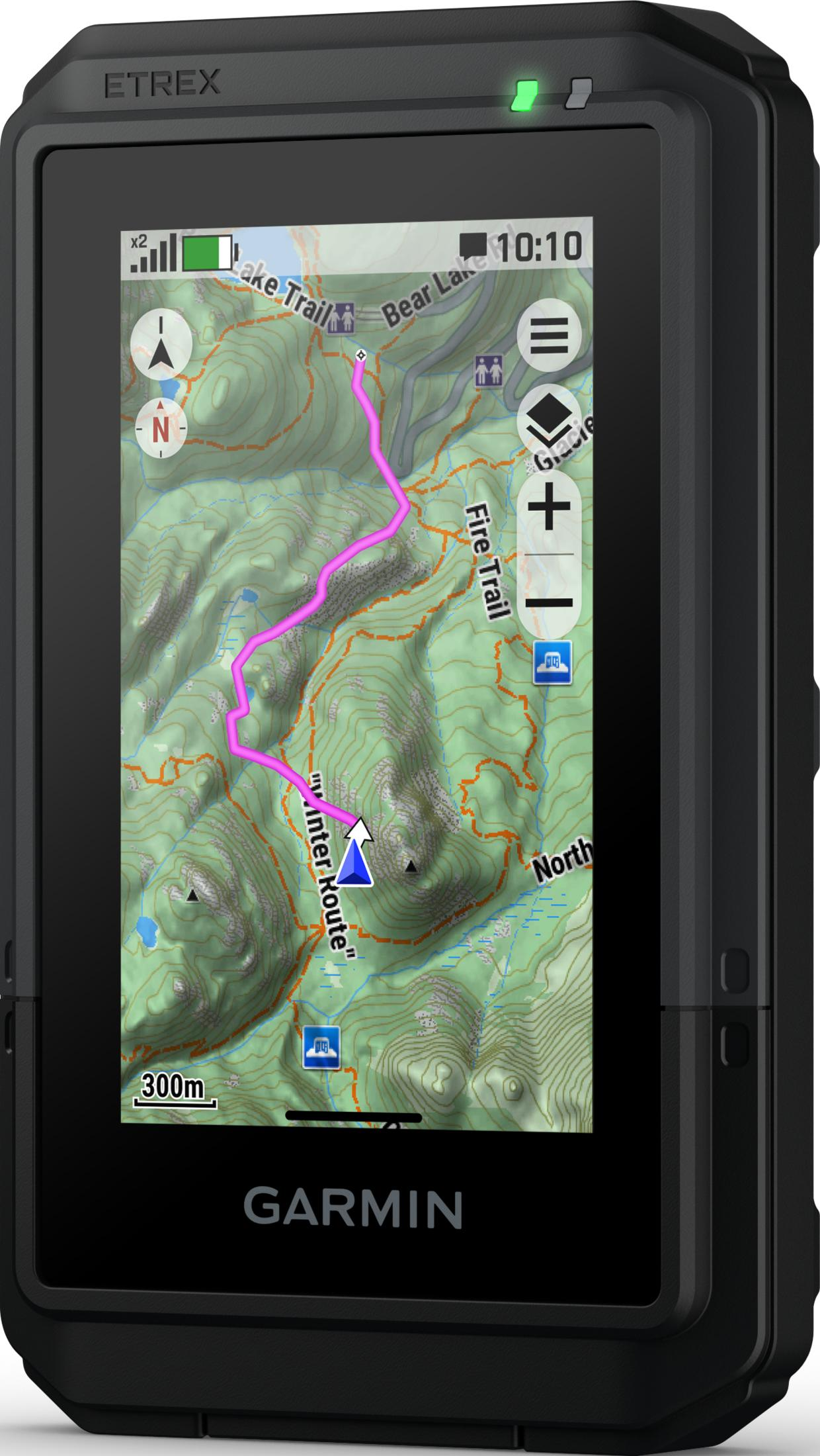 Ein Garmin Etrex GPS-Gerät zeigt eine topografische Karte mit einer Route an.