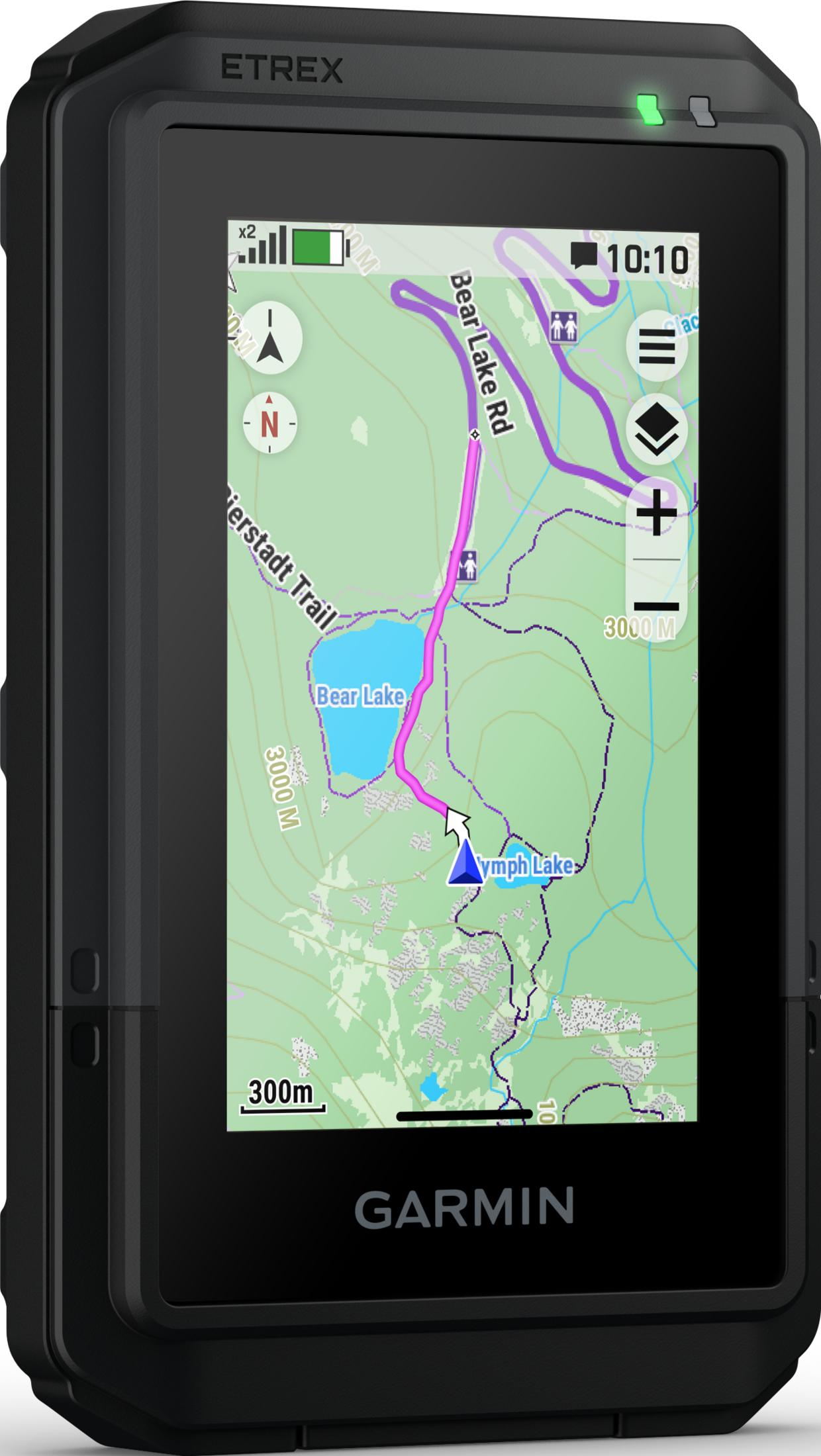 Garmin Etrex GPS zeigt eine Karte mit Wanderwegen, Seen und Höhenlinien.
