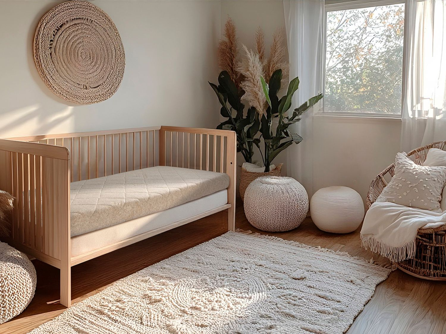 Una guardería luminosa con cuna de madera, alfombra y decoración de pared redonda.