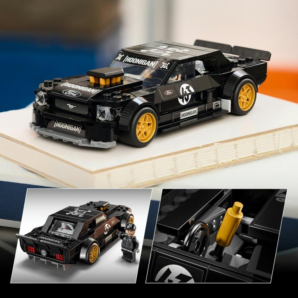 Czarny Lego Mustang Hoonigan ze złotymi felgami i ludzikiem.
