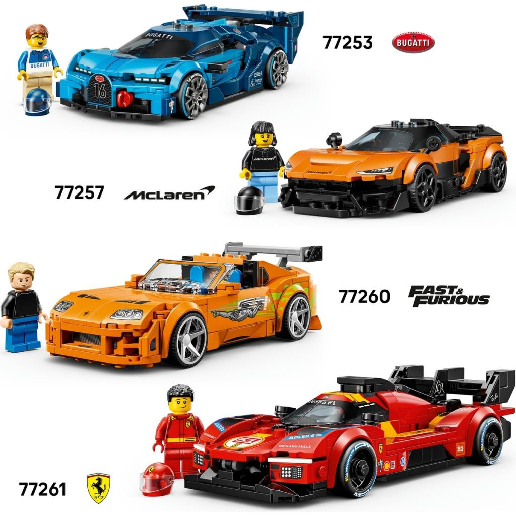 Mavi Bugatti yarış arabası ve minik figür, turuncu McLaren ve çıkartmalı başka bir turuncu yarış arabası.