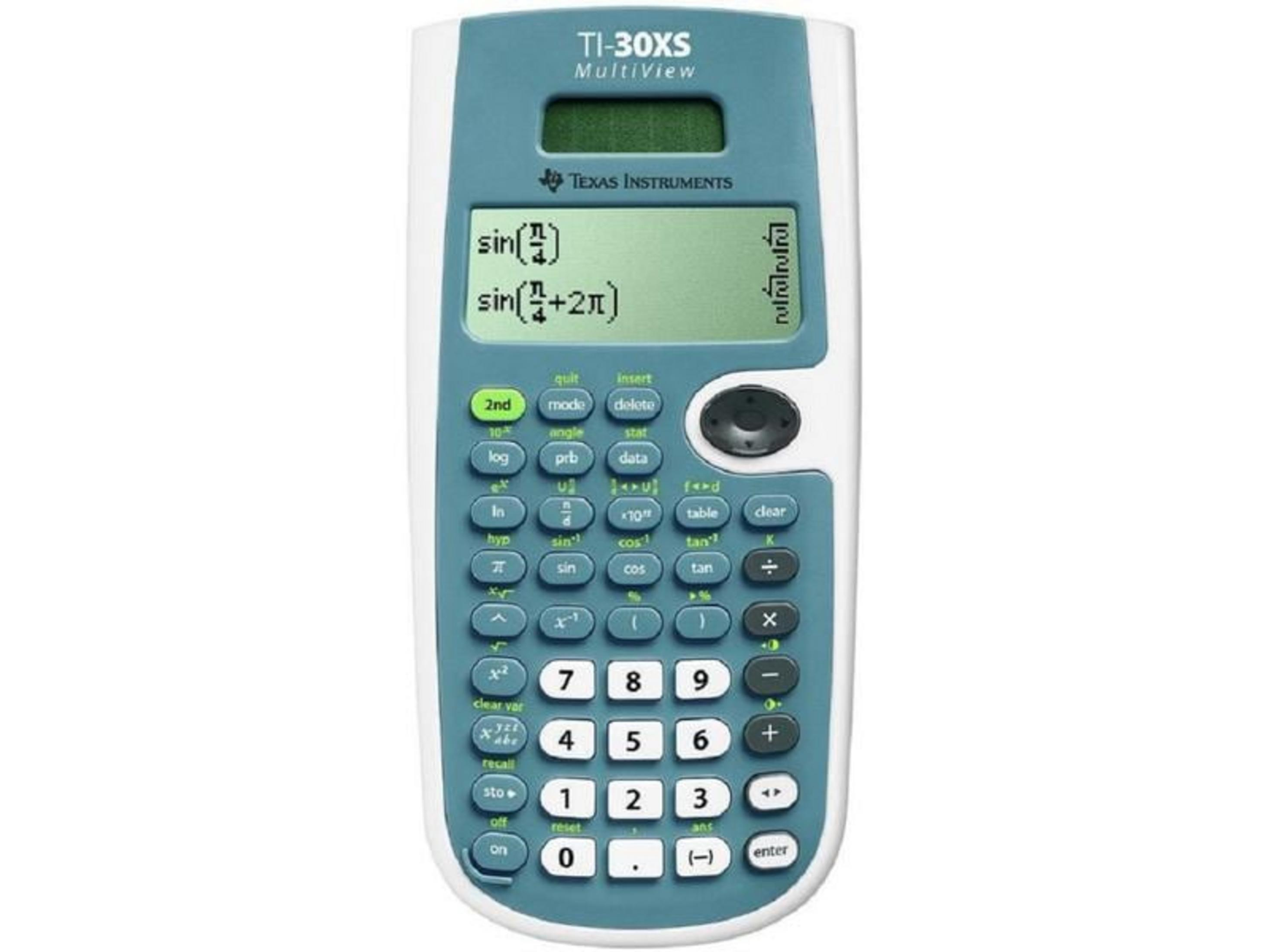 Ein blauer Texas Instruments TI-30XS Taschenrechner mit einem grünen Bildschirm.
