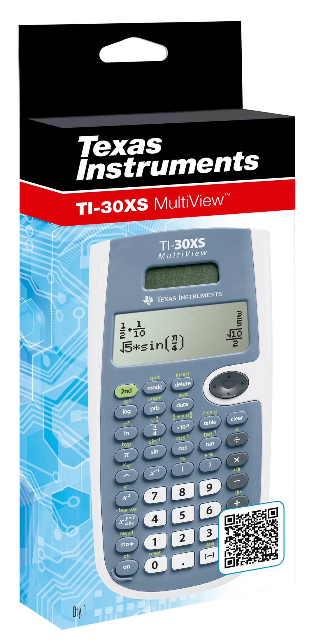 Verpackung eines Texas Instruments TI-30XS MultiView Taschenrechners mit QR-Code.
