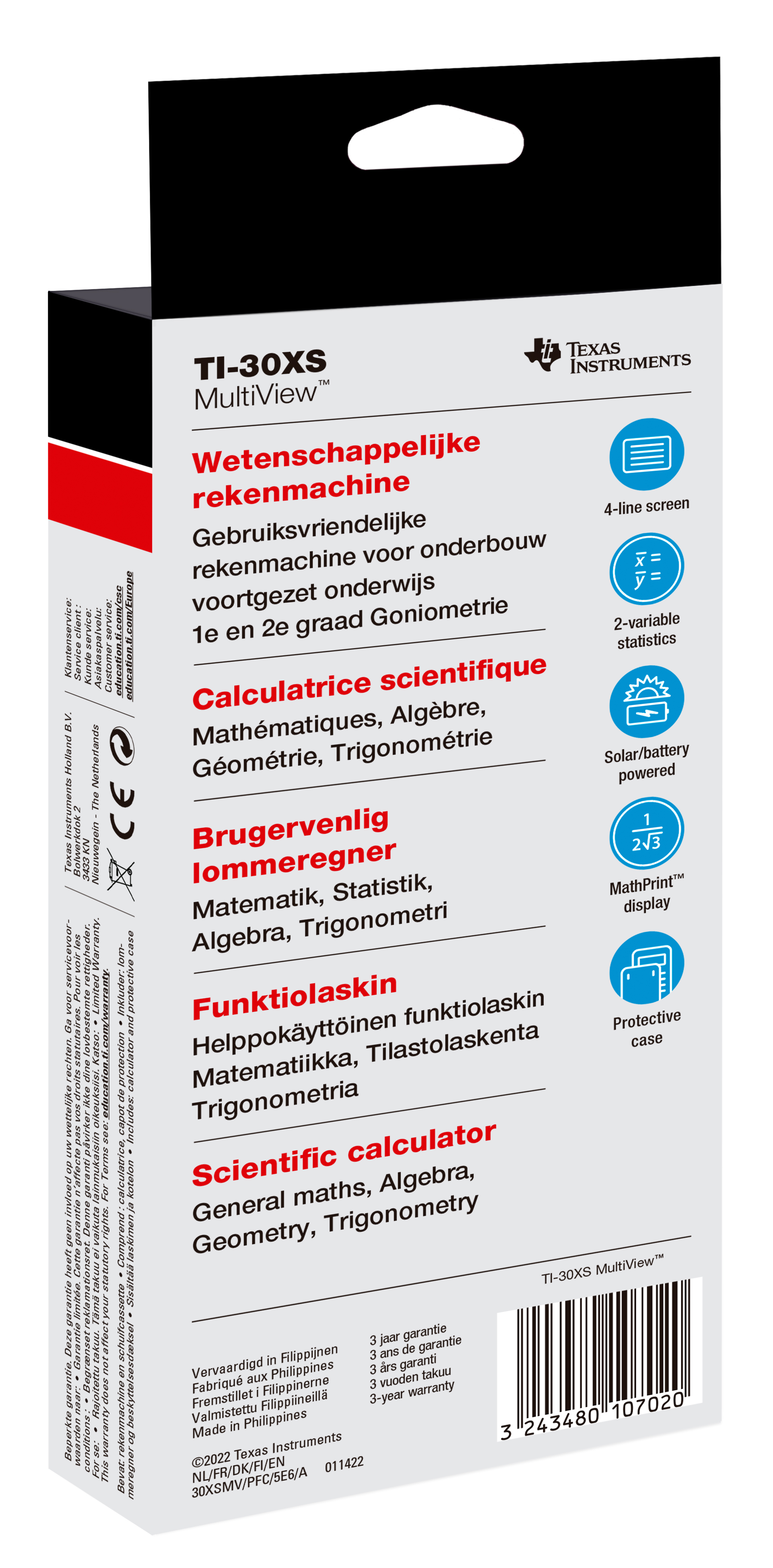 Die Verpackung eines Texas Instruments TI-30XS MultiView wissenschaftlichen Taschenrechners.