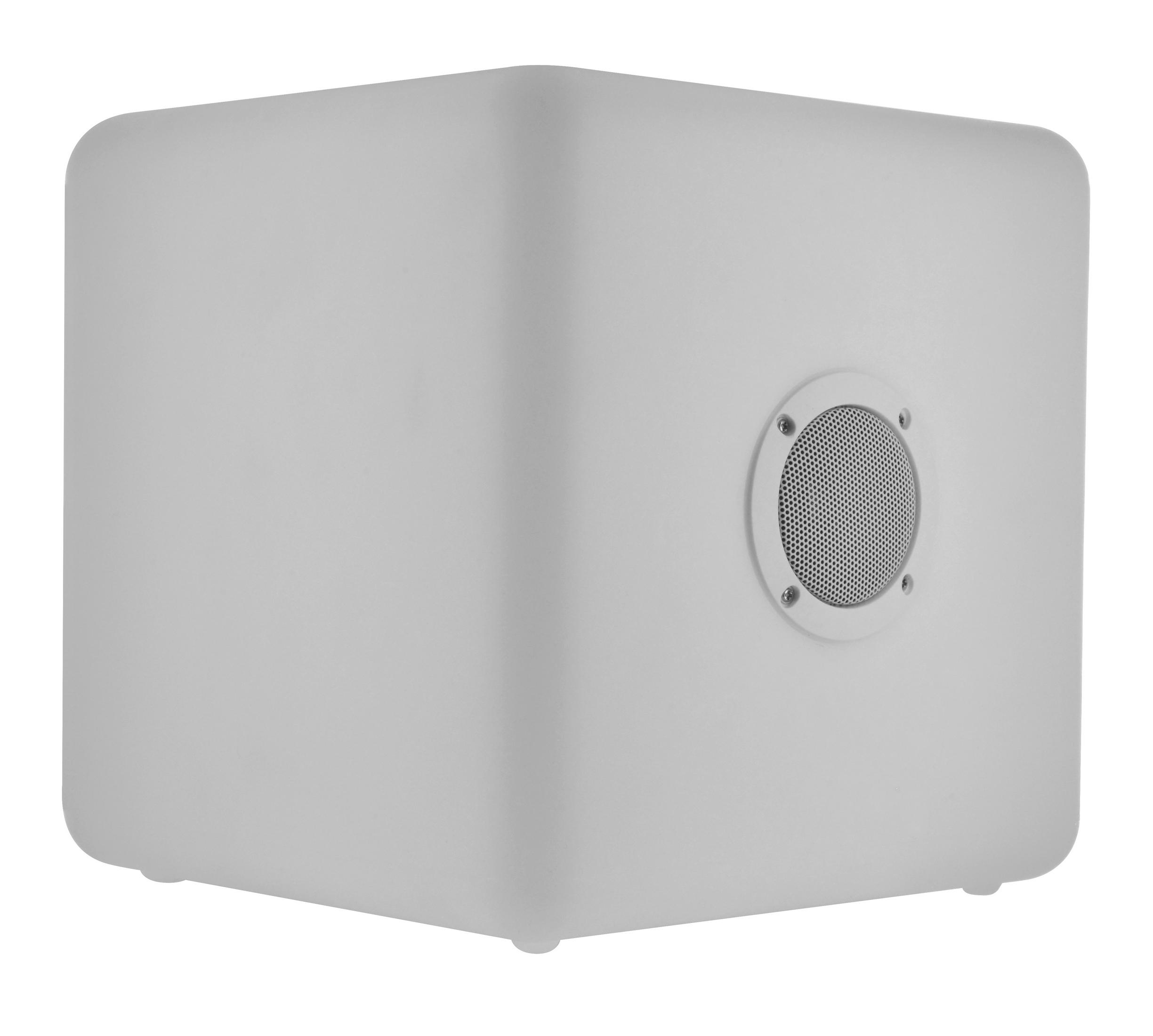 Un altoparlante bianco a forma di cubo con griglia rotonda.