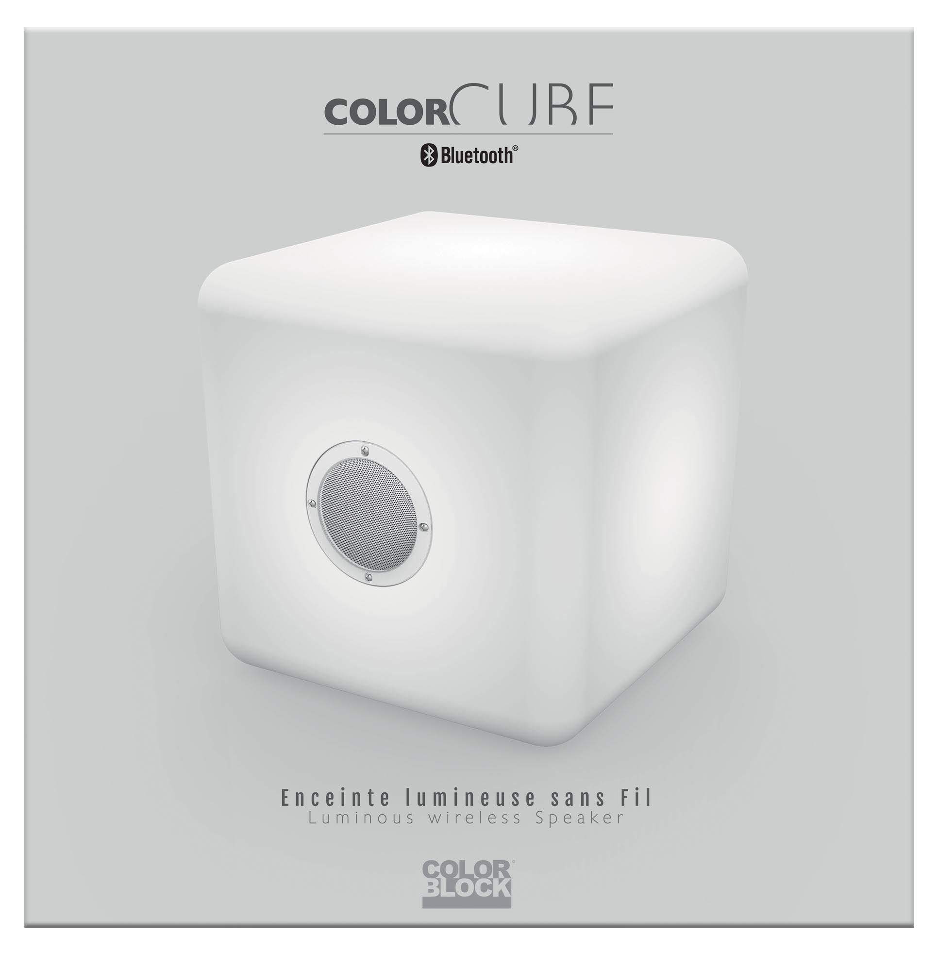 Un altoparlante bianco a cubo luminoso con simbolo Bluetooth e testo.