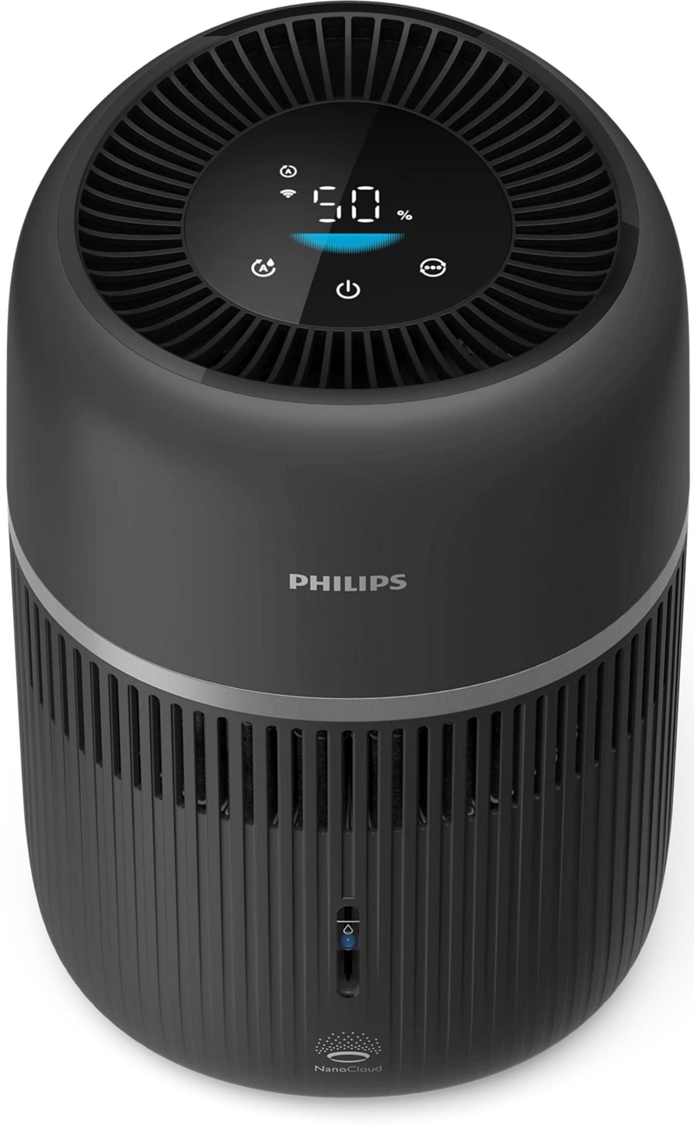 Schwarzer Philips Luftreiniger mit digitaler Anzeige und Lüftungsschlitzen.