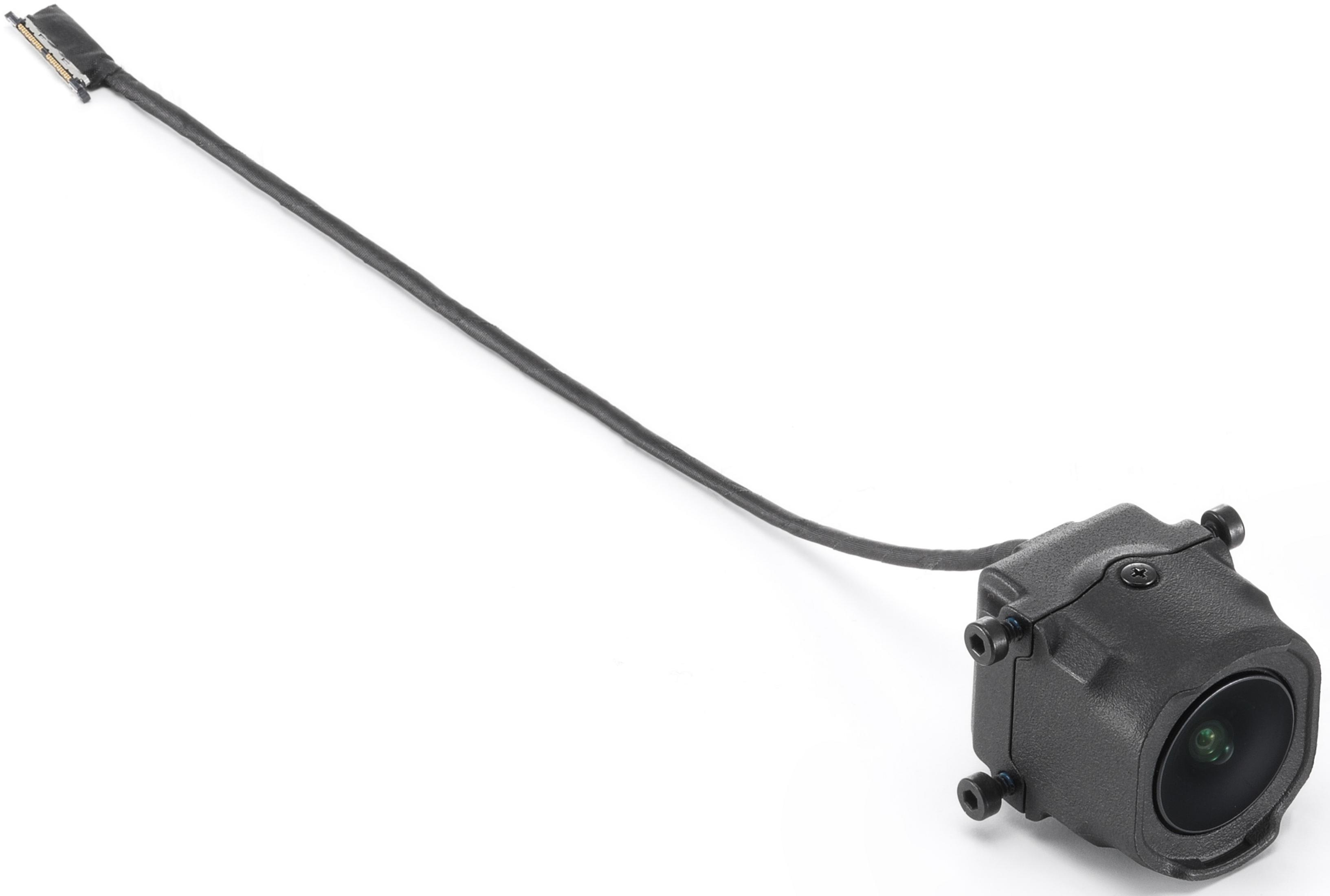 Kleine schwarze Kamera mit Kabel und Anschluss.