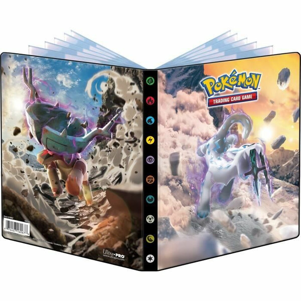 Ein Pokémon-Kartenalbum mit zwei Monstern, eines grün, das andere weiß, in einer felsigen Umgebung.