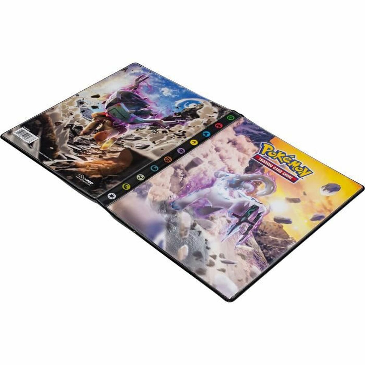 Ein aufgeschlagenes Pokémon-Sammelkartenspiel-Album mit Artwork von zwei Pokémon.