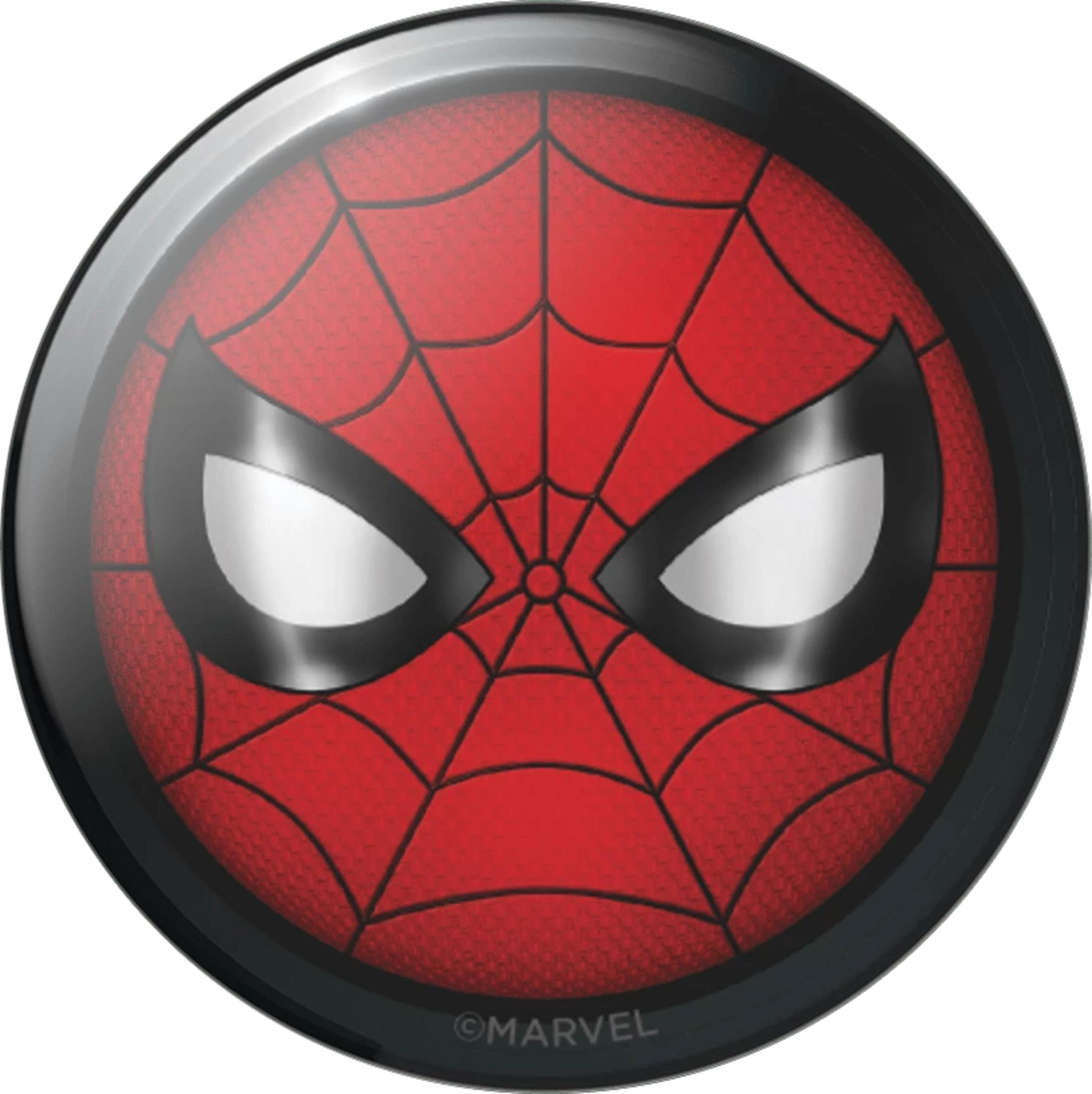 Spiderman-Maske mit roten und schwarzen Elementen und weißen Augen.