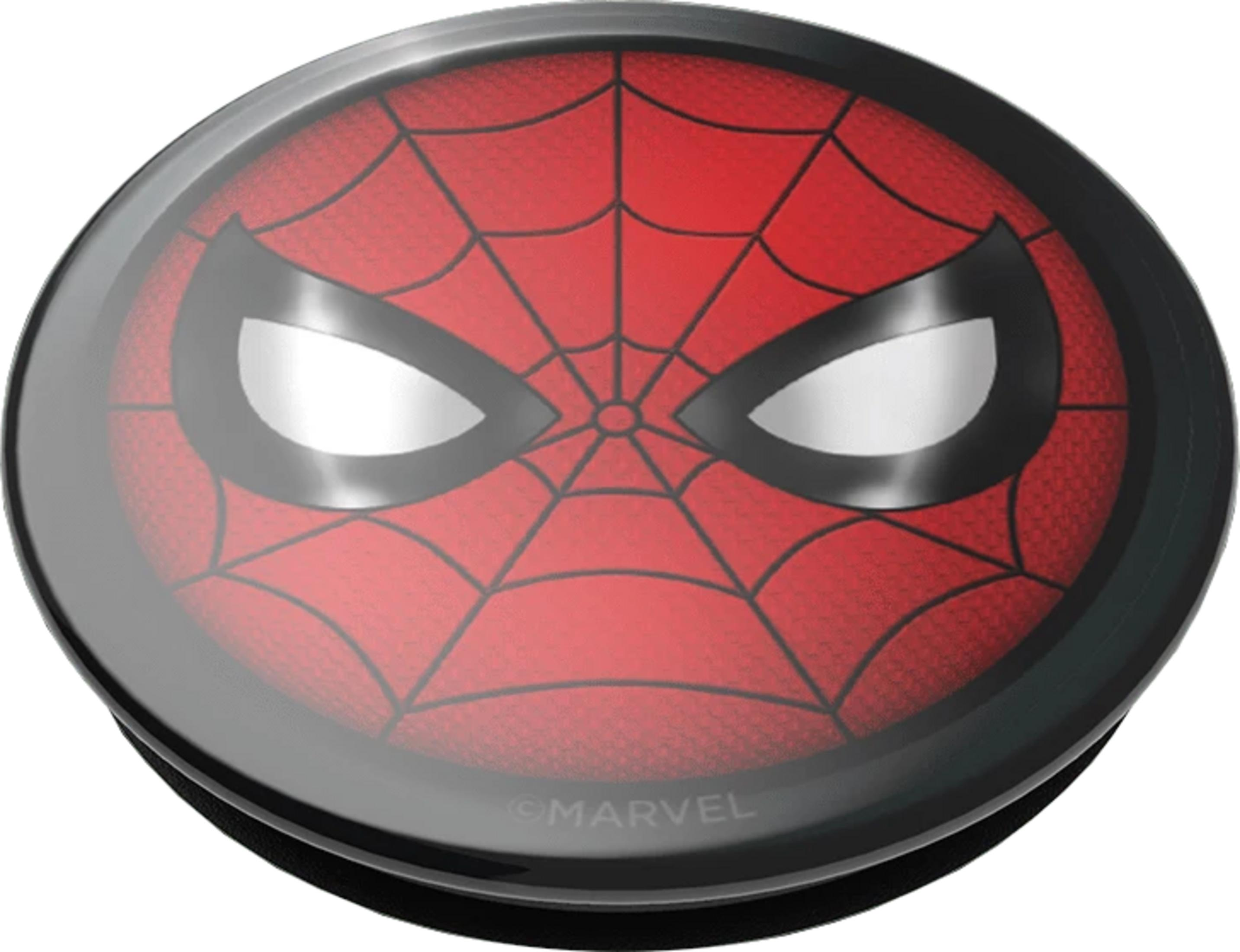Nahaufnahme eines Spiderman-Maskenemblems auf rotem Hintergrund mit schwarzen Spinnweben.