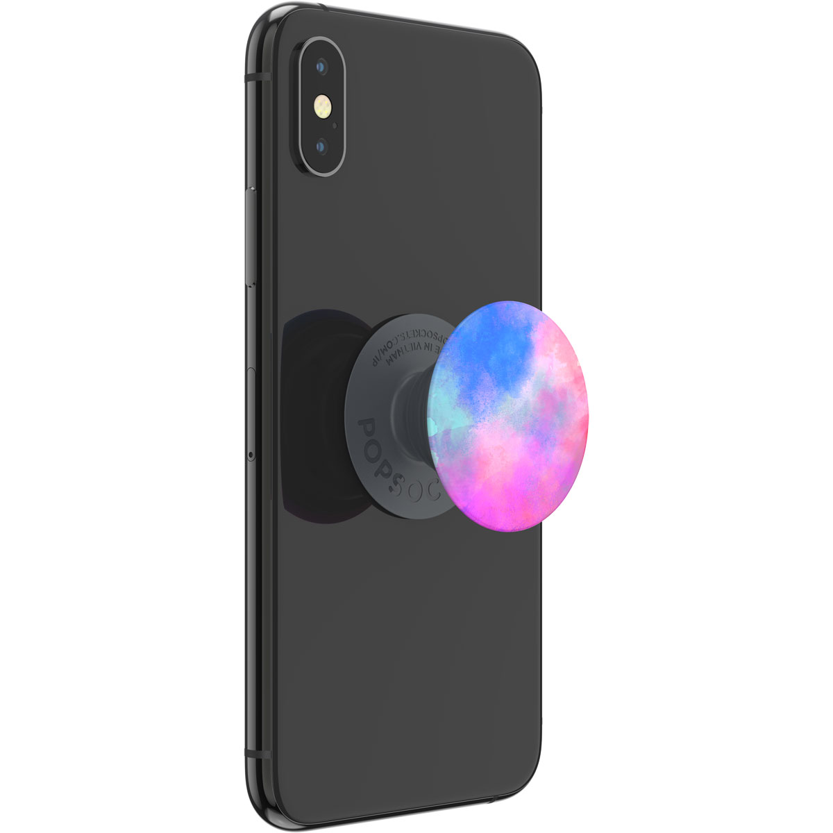 Ein schwarzes Smartphone mit einem bunten Pop-Socket, der wie eine Aquarellwolke aussieht.