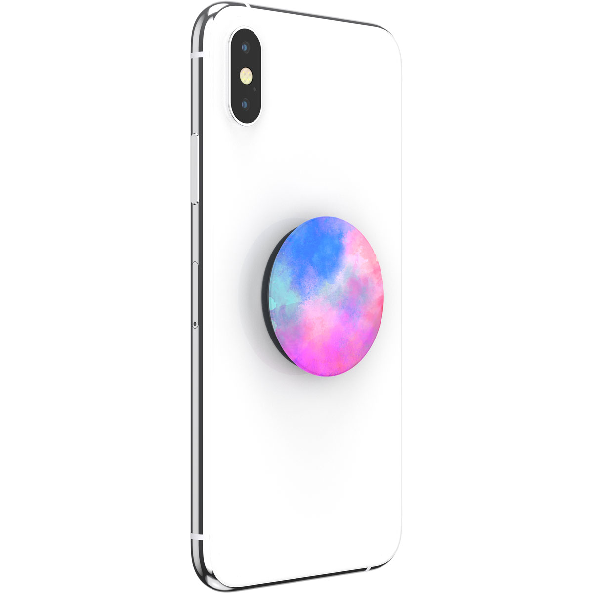 Ein weies Smartphone mit einem bunten PopSocket in Aquarell-Optik.