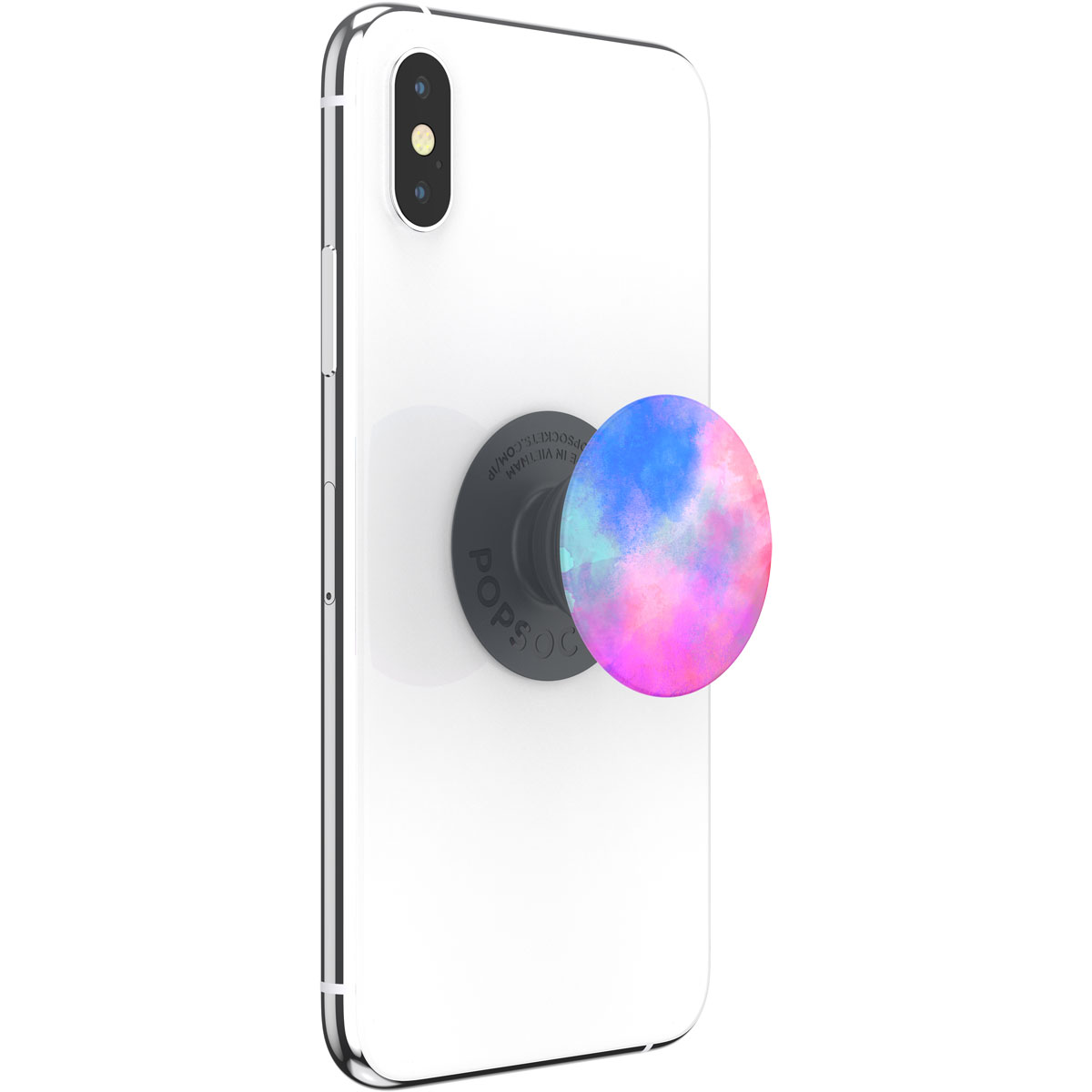Ein weißes Smartphone mit einem PopSocket mit einem bunten Farbverlauf in Blau-, Rosa- und Türkistönen.