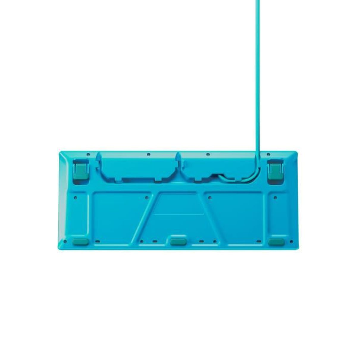Unterseite einer hellcyan Tastatur mit türkisfarbenem Kabel und grünen Füßen.