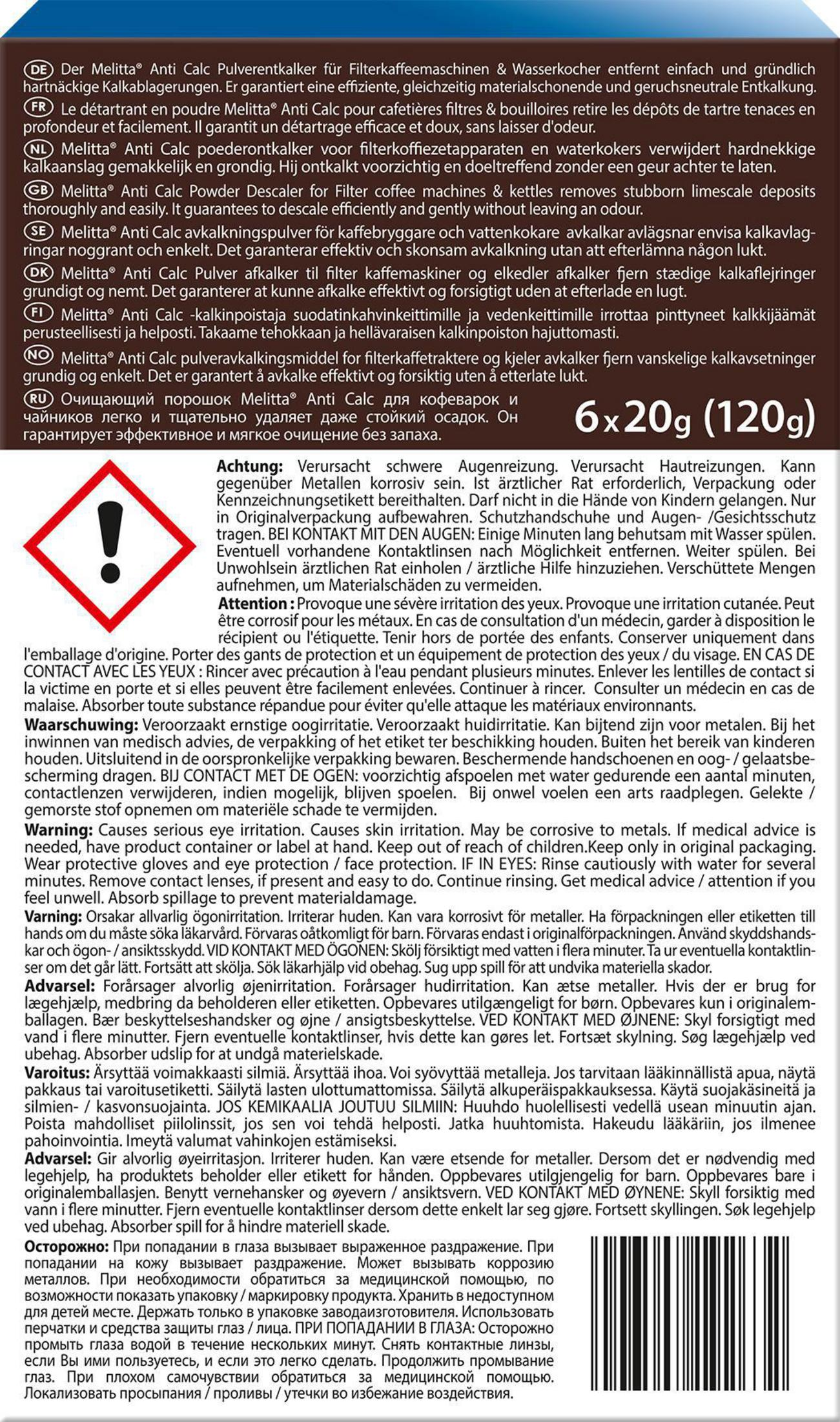 Produktbeschreibung für Melitta Anti Calc Entkalker in verschiedenen Sprachen.
