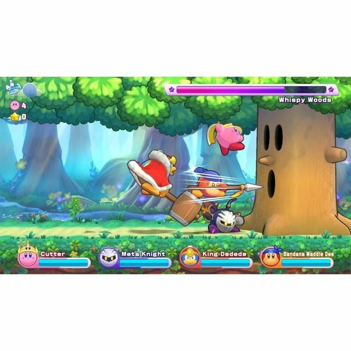 Personaggi di Kirby combattono contro Wispy Woods in una foresta.