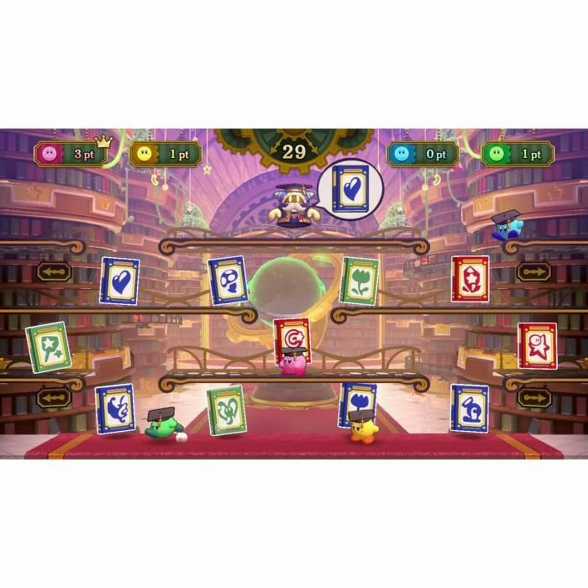 Gioco Kirby con carte e personaggi in un'ambientazione di biblioteca.