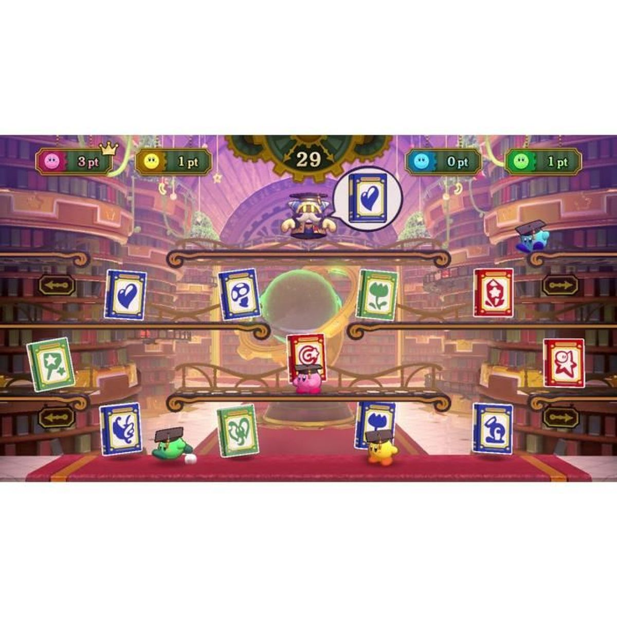 Personaggi di Kirby in un gioco con librerie e carte.
