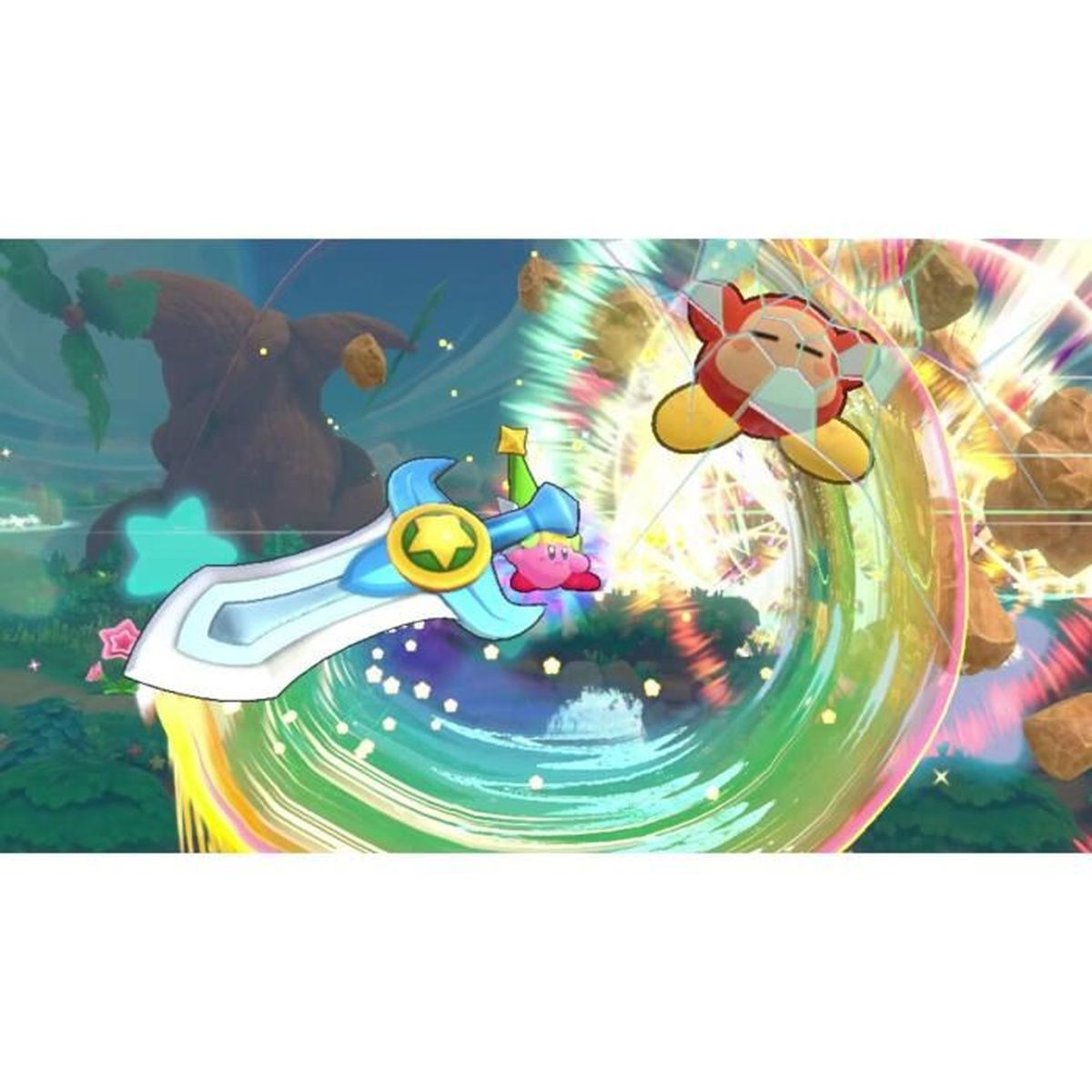 Kirby con una spada e un nemico in una bolla colorata davanti a un albero.