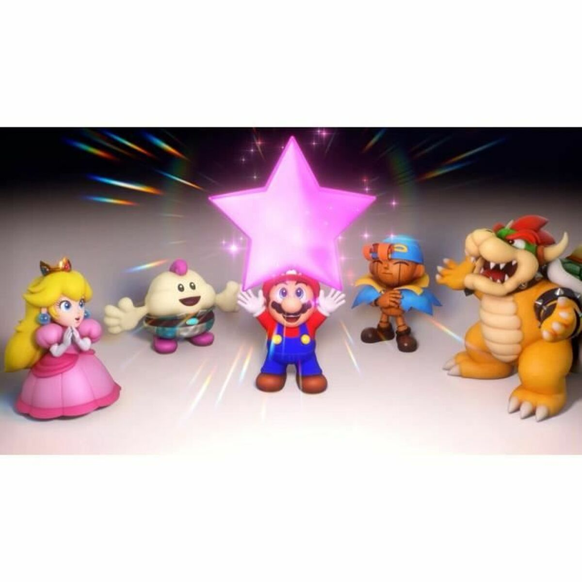 Mario tiene una stella rosa sopra la testa, circondato da Peach, Toad, un Boo e Bowser.