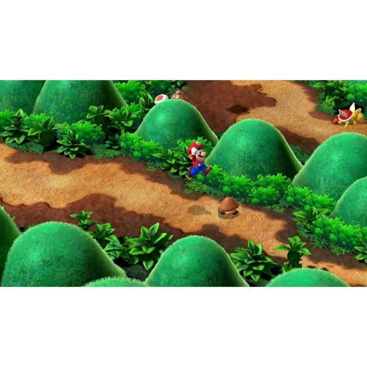 Mario corre su un sentiero marrone attraverso un paesaggio di colline verdi e cespugli.
