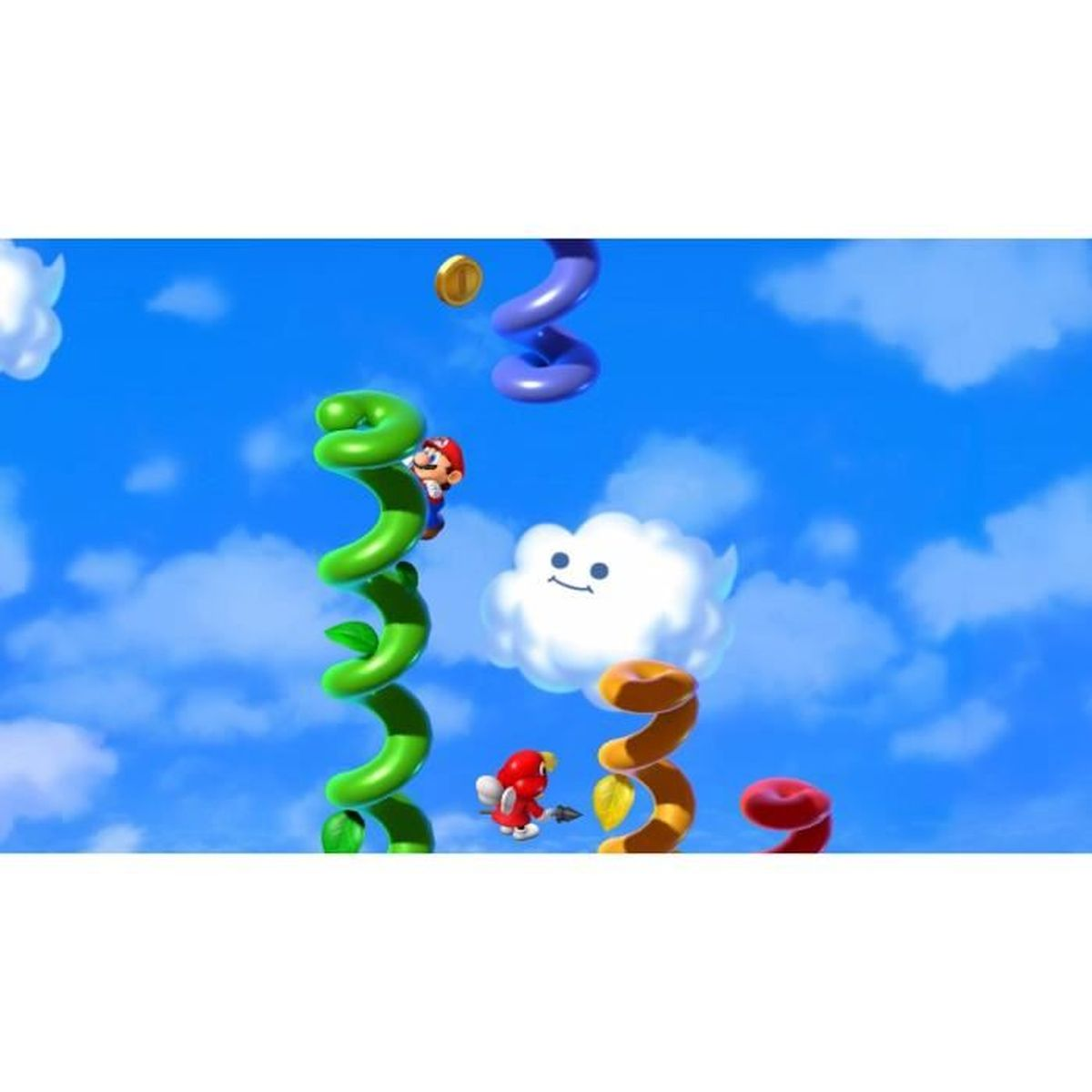 Mario si arrampica su un fagiolo verde con un nemico uccello sotto un cielo blu.