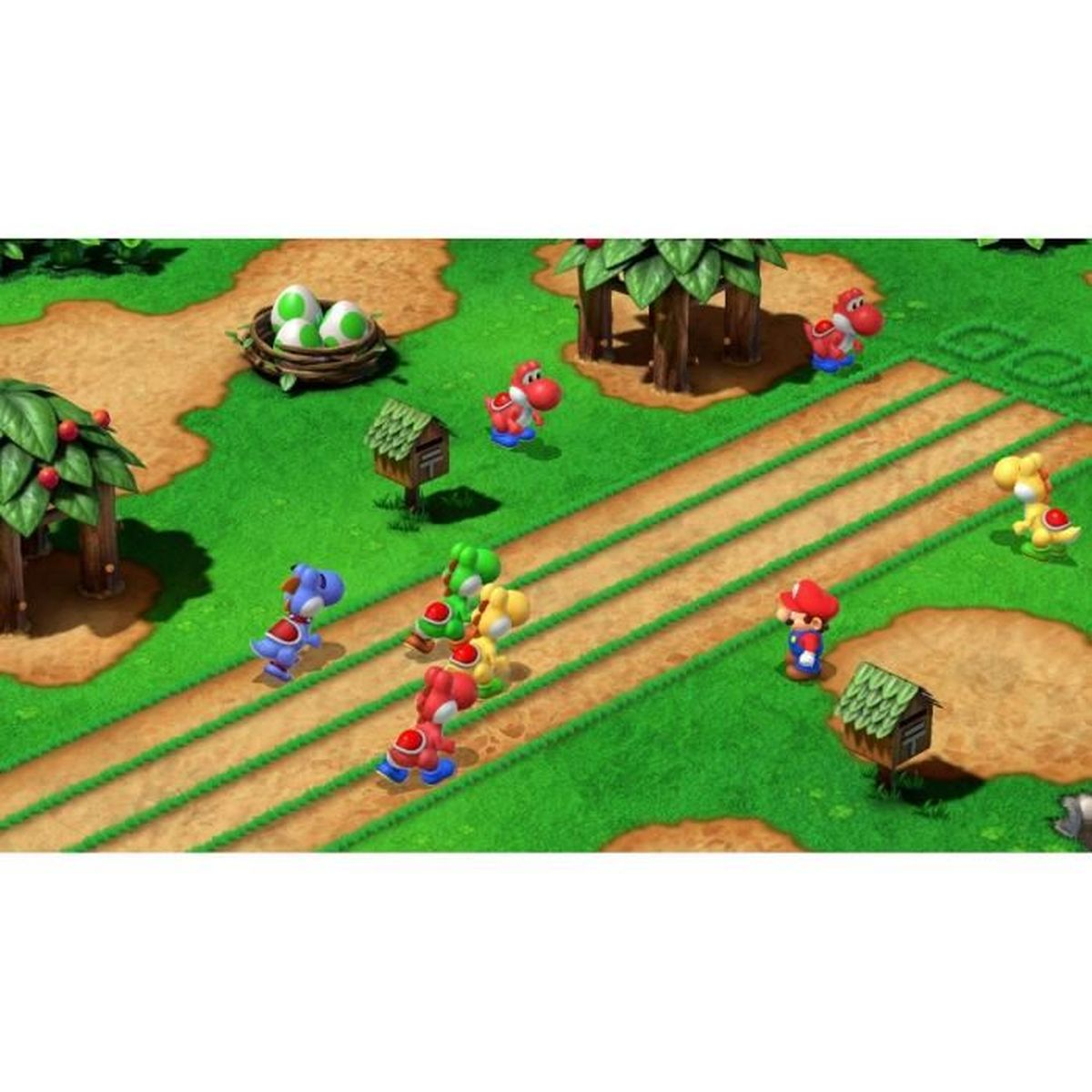 Mario e Yoshis corrono su una pista erbosa con alberi e uova.