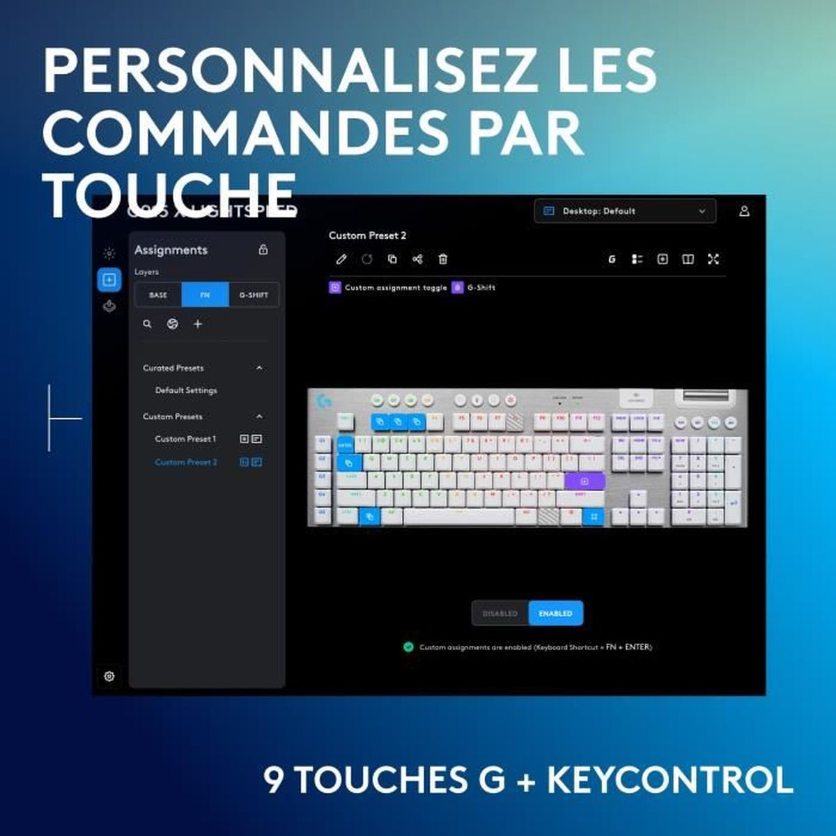 Logitech G-Tastatur mit Software zur Tastenbelegung im dunklen Modus.