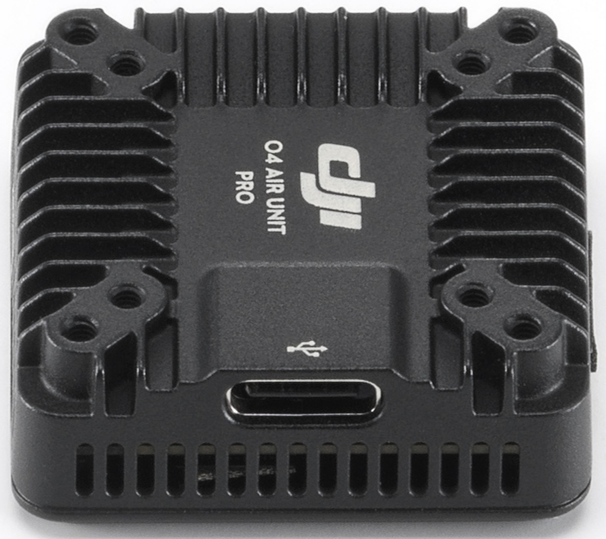 Schwarzes DJI O4 Air Unit Pro Modul mit Kühlrippen und USB-C-Anschluss.
