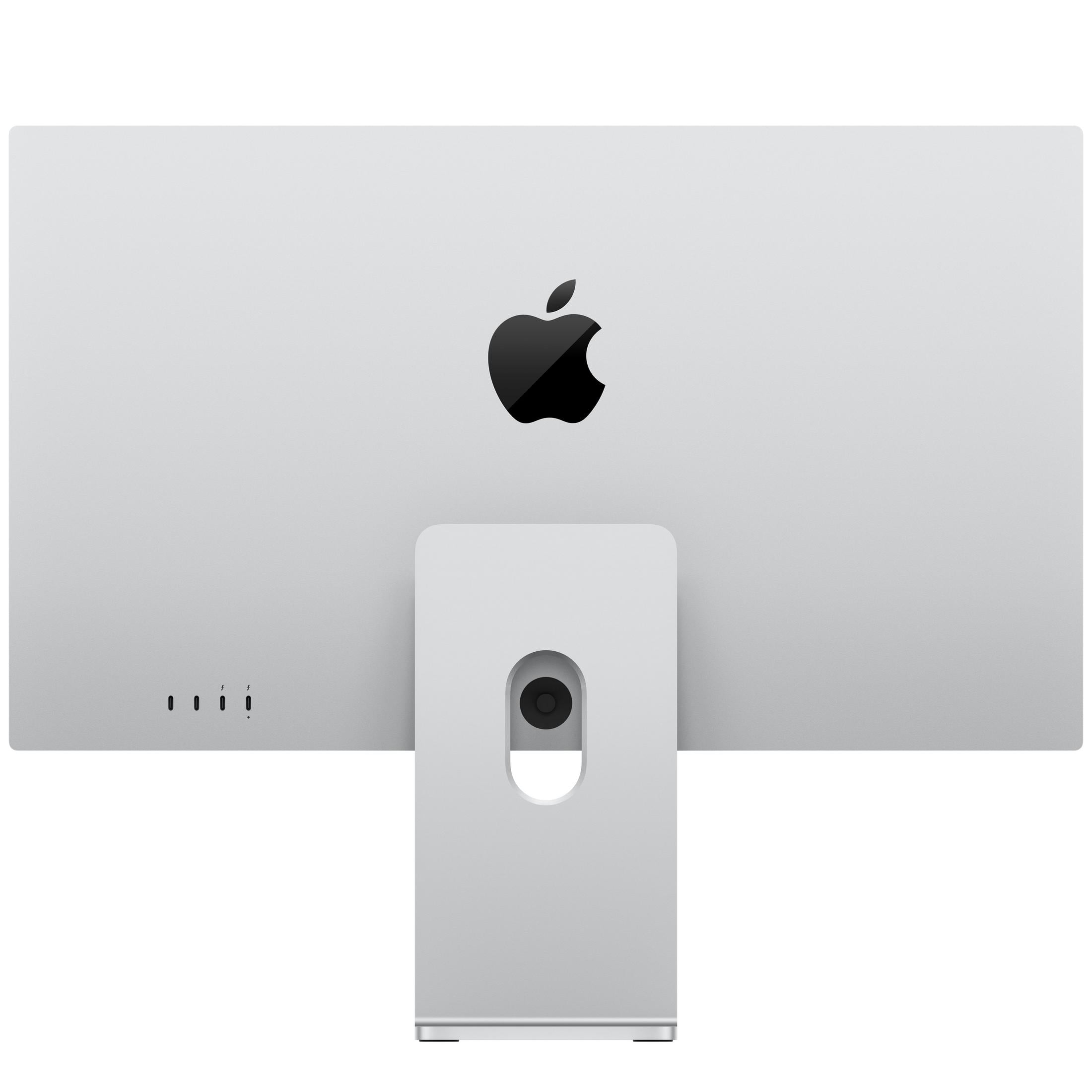 Rückseite eines silbernen iMac mit Apple-Logo und Anschlüssen.