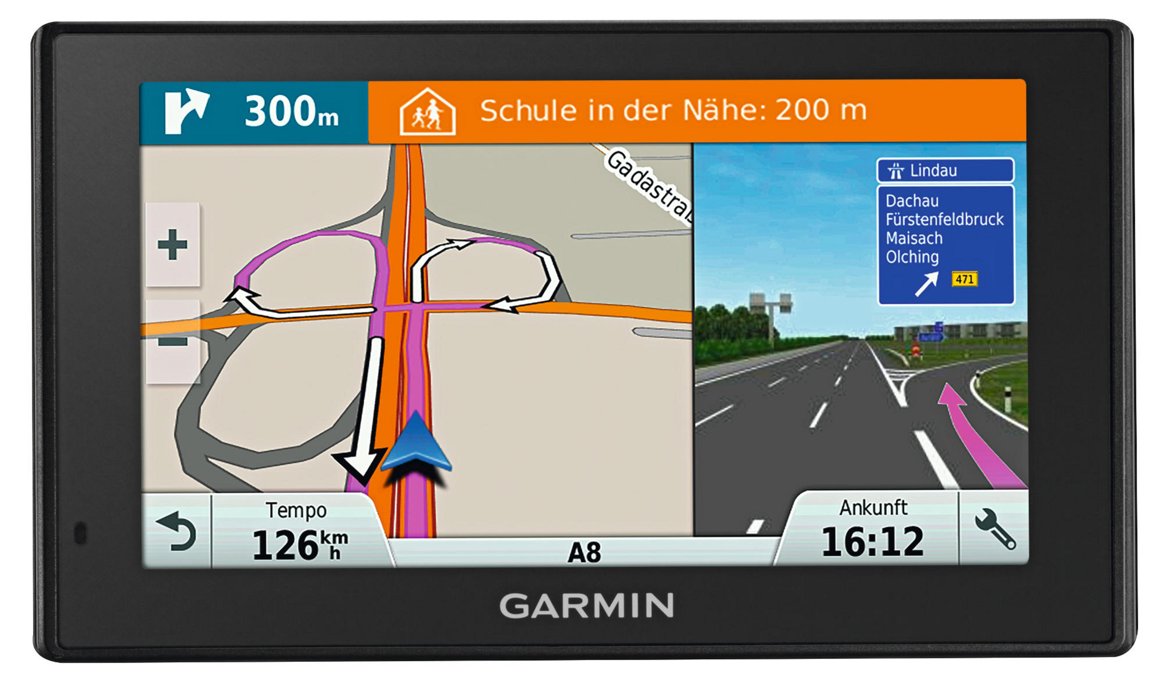 Garmin Navigationsgerät zeigt eine Autobahnkarte mit Route, Tempo 126km/h und Ankunft 16:12.