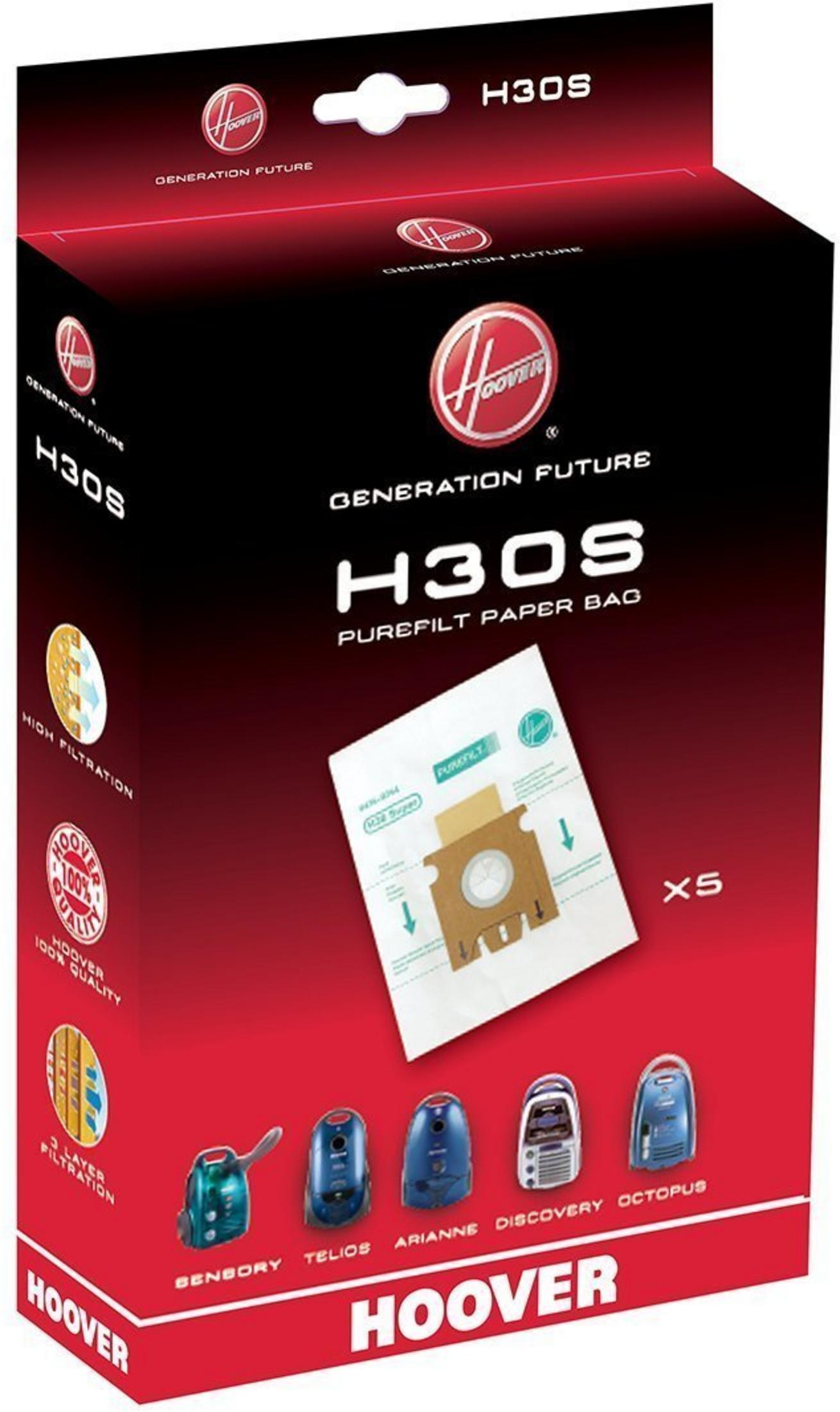 Confezione sacchetti Hoover H30S con immagine sacchetto e aspirapolvere.