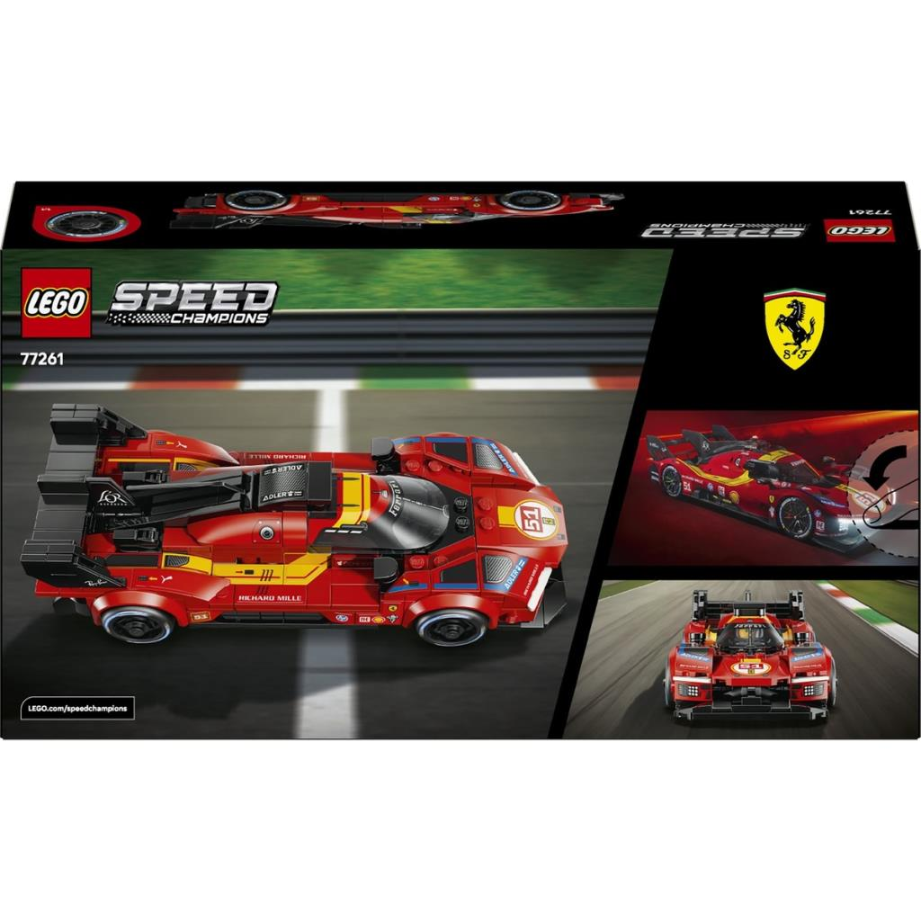 Kırmızı LEGO Ferrari yarış arabası, pistte sarı vurgularla.