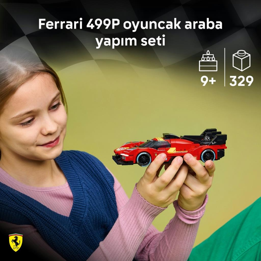 Bir çocuk kırmızı Lego Ferrari 499P araba tutuyor. Metin: Ferrari 499P oyuncak araba yapım seti.