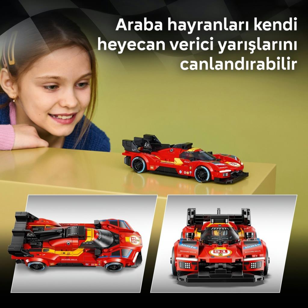 Bir kız kırmızı yarış arabası yapım setine bakıyor. Arabanın üç görünümü gösteriliyor.