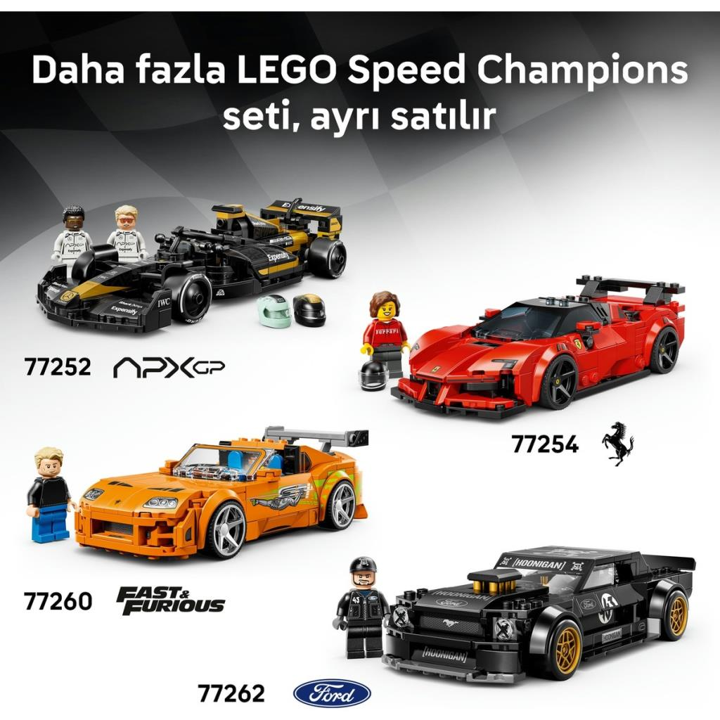 LEGO Speed Champions: Formula 1, Ferrari, Charger ve Mustang modelleri.