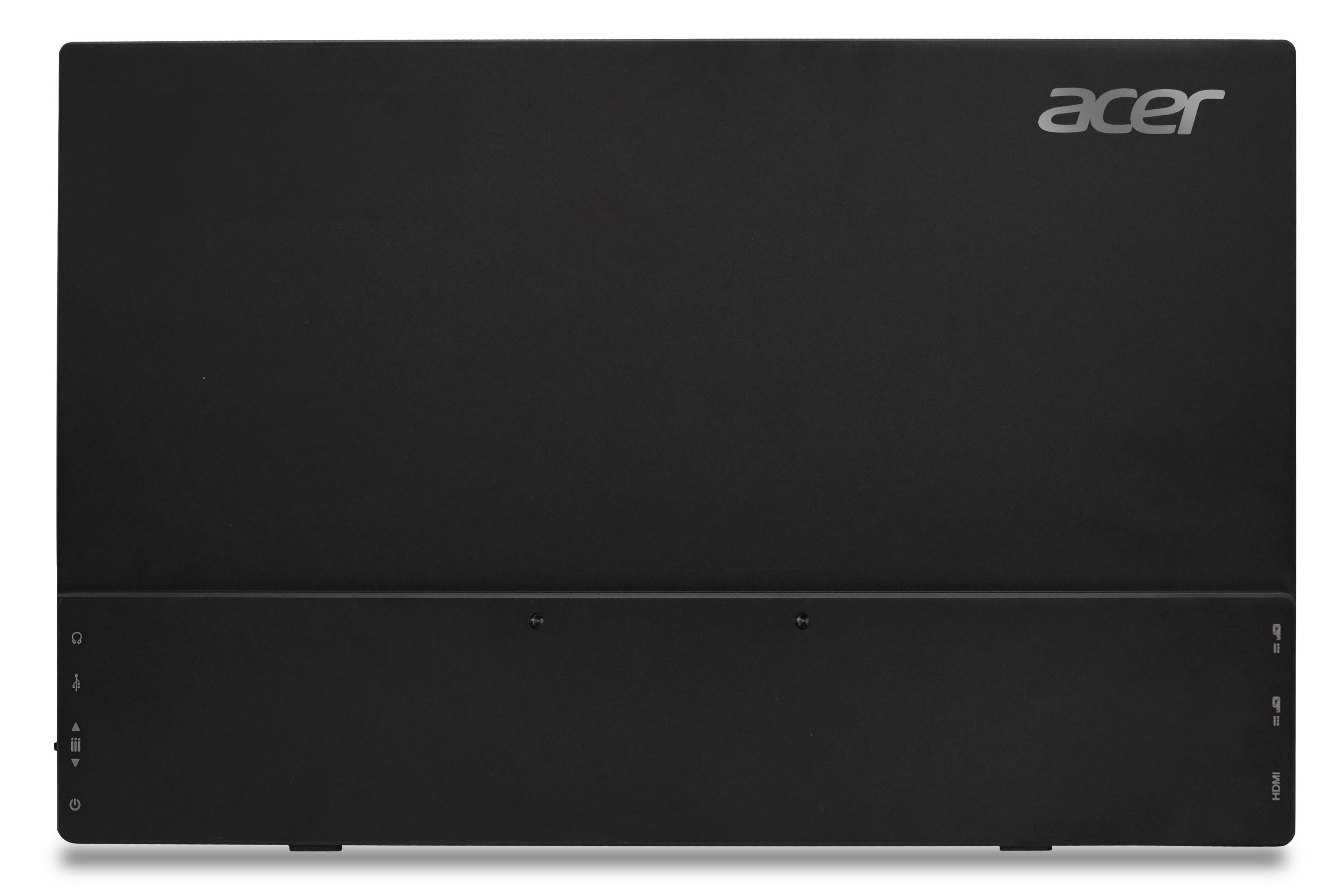Schwarzer Laptop mit Acer-Logo oben rechts und Anschlüssen unten.