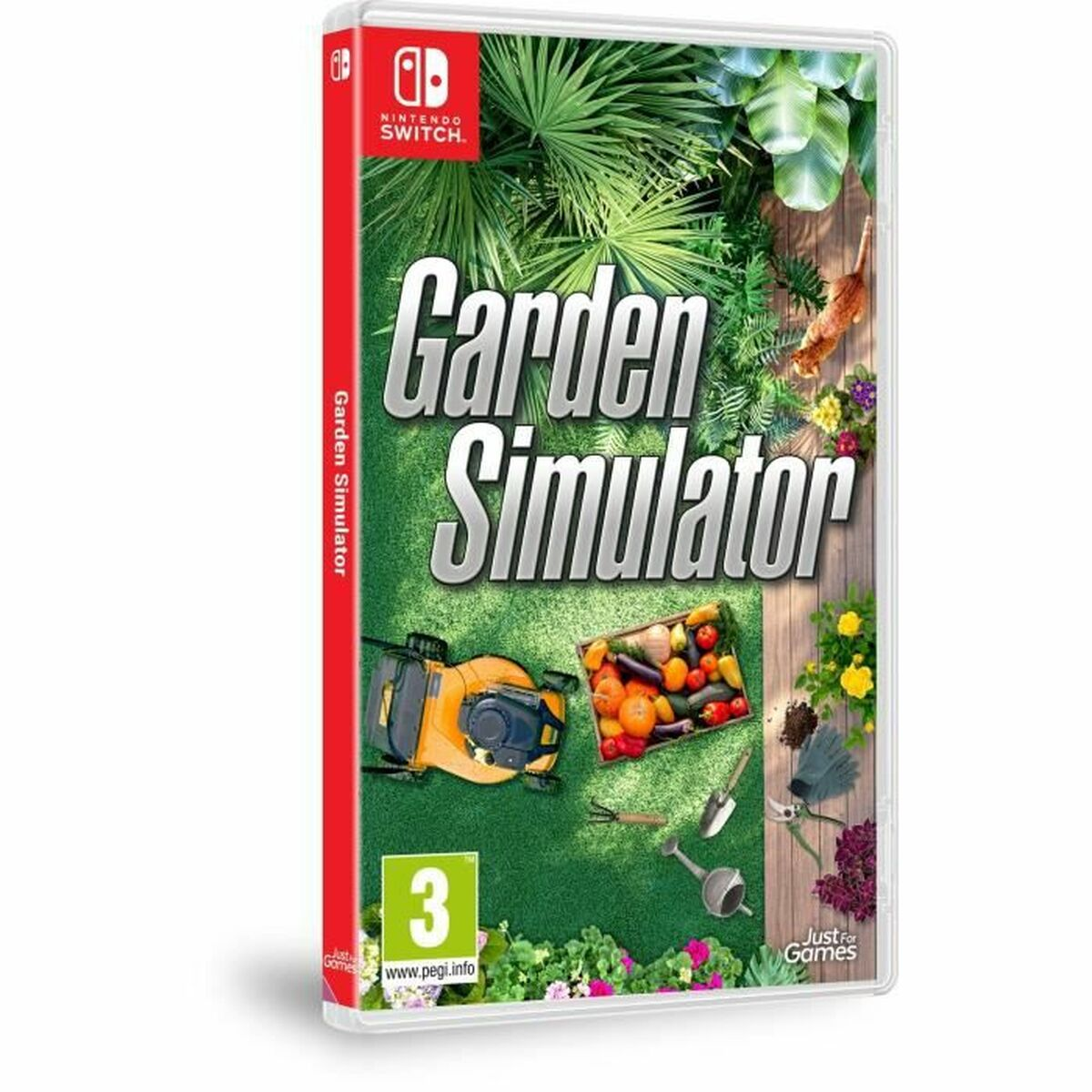 Custodia per Nintendo Switch per Garden Simulator con tosaerba, verdure e attrezzi.