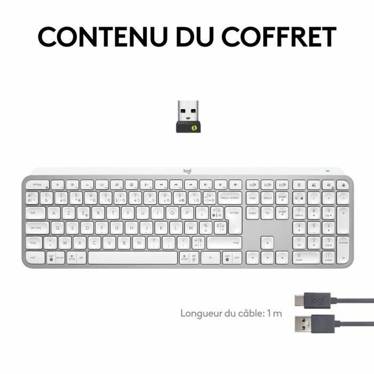 Logitech Tastatur, USB-Dongle und Kabel auf weißem Hintergrund.