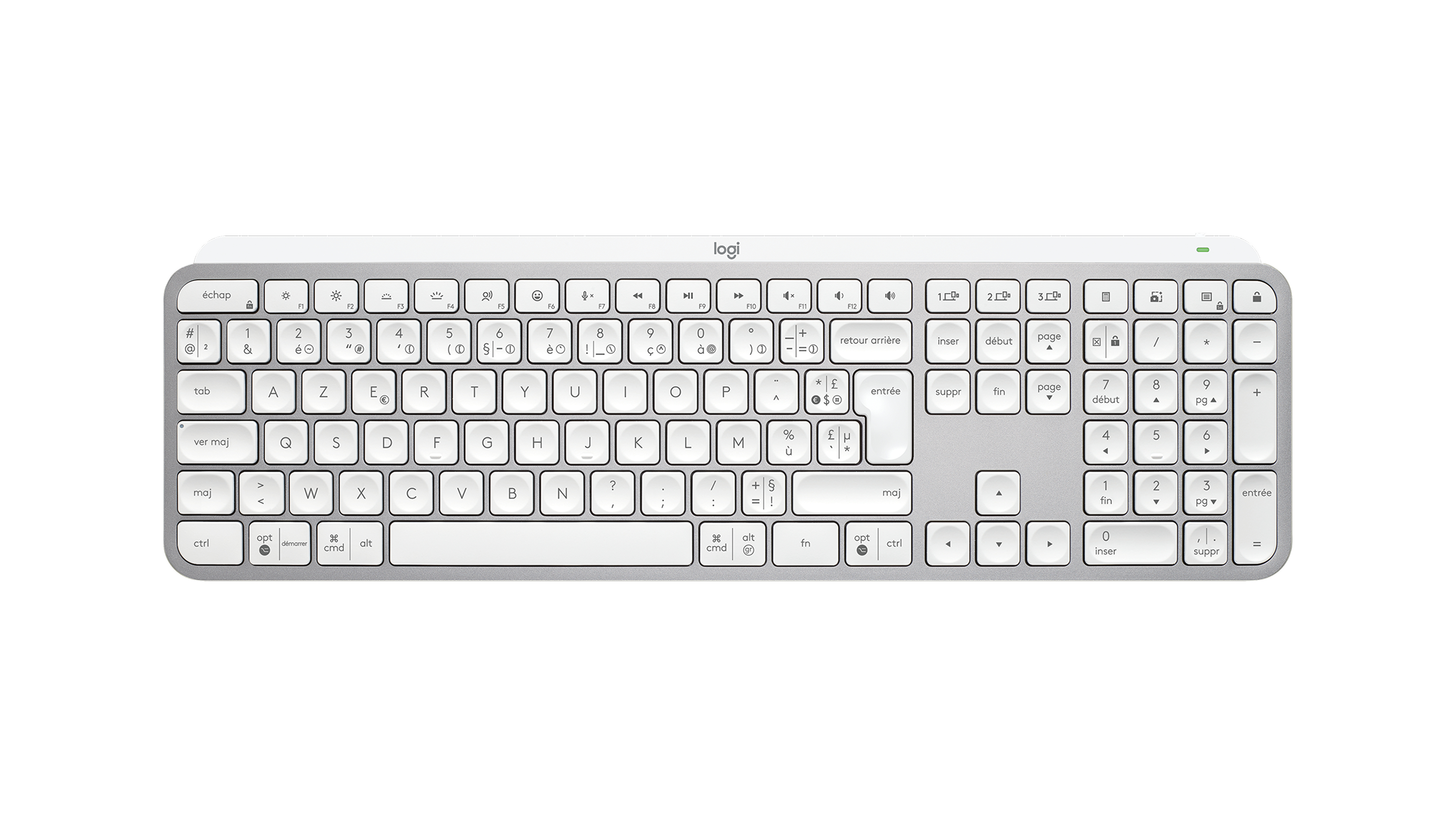 Eine weiße Logitech-Tastatur mit silbernem Gehäuse und französischen Tasten.