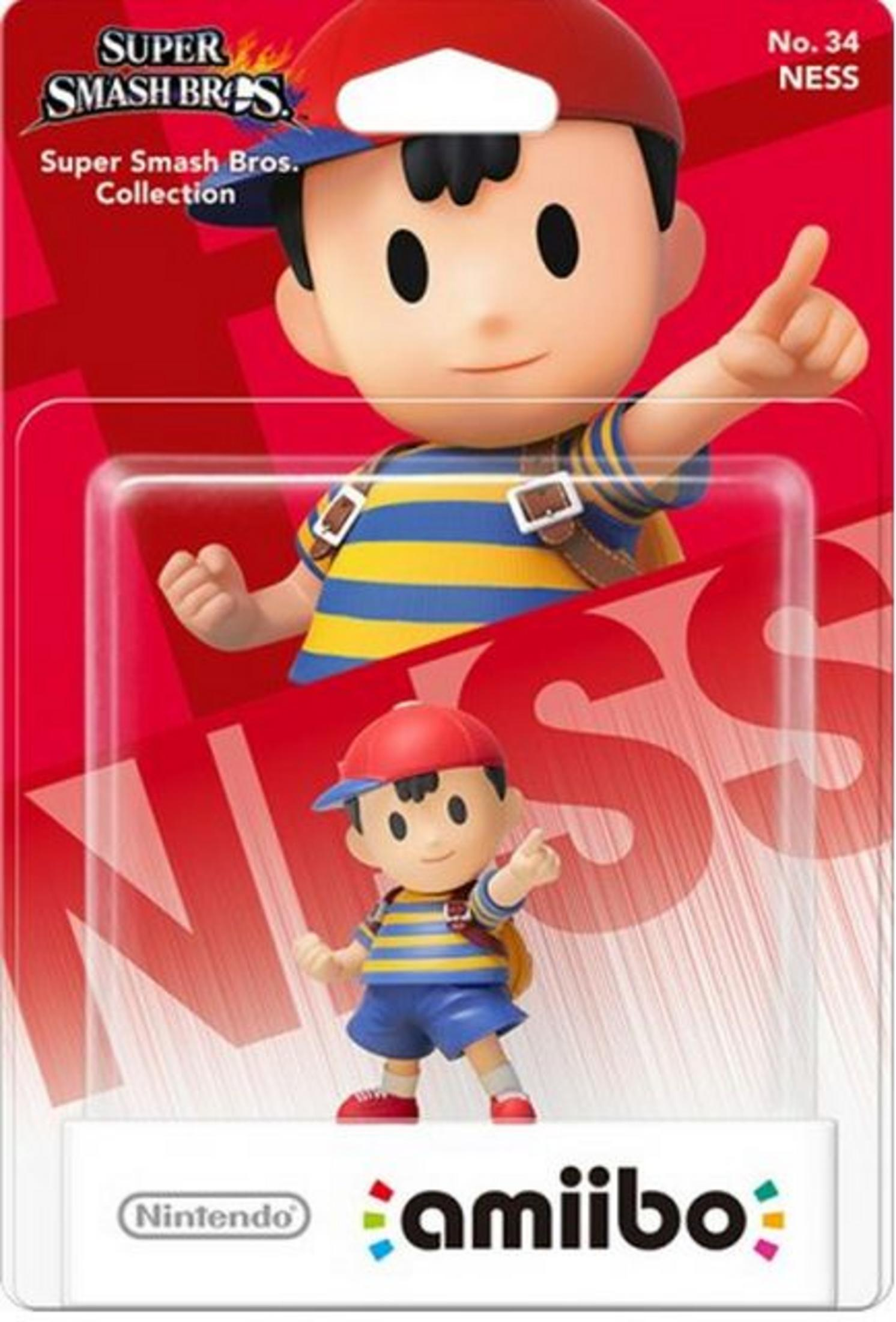 Ness-Amiibo-Figur in Super Smash Bros.-Verpackung mit rotem Hintergrund.