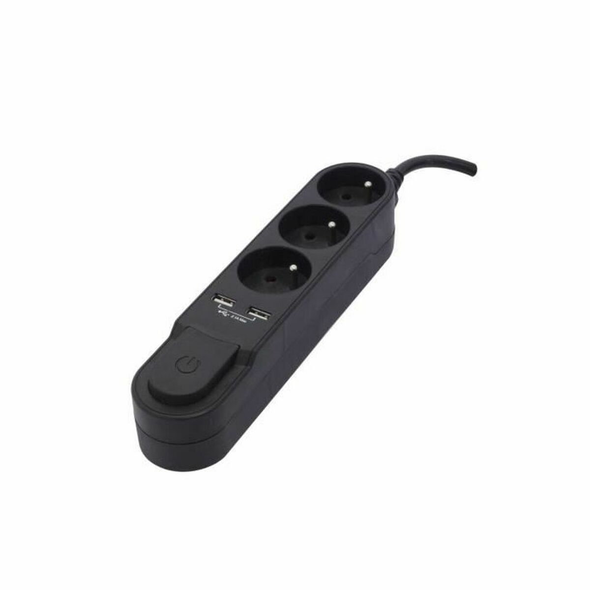 Schwarze Steckdosenleiste mit drei Steckdosen und zwei USB-Anschlüssen.