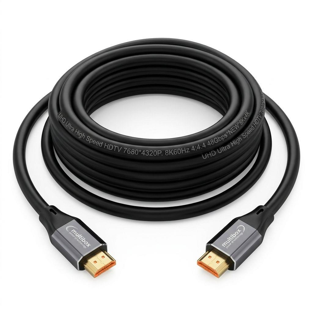 Altın konektörlü, "Multibox" logolu siyah HDMI kablosu.