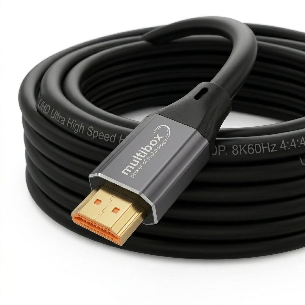 Altın konektörlü ve Multibox logolu siyah HDMI kablosu, UHD Ultra High Speed.