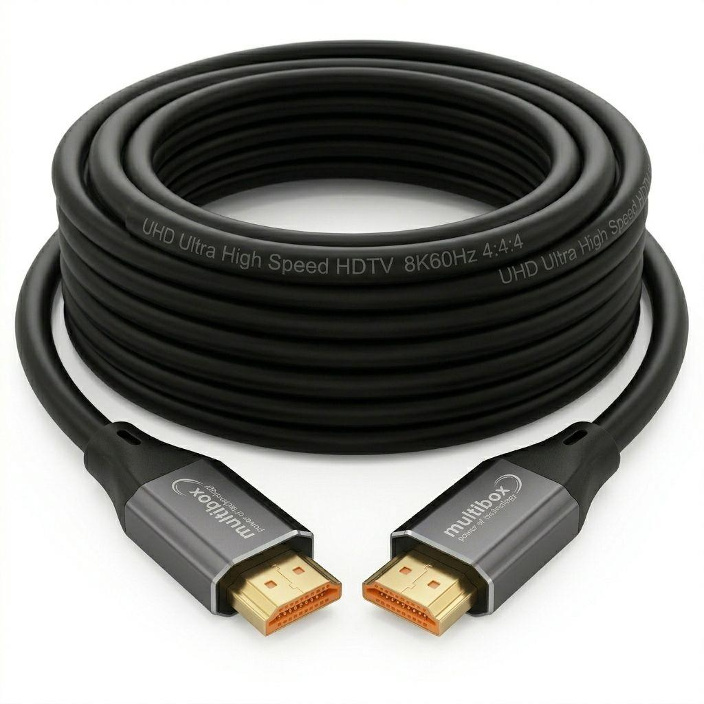 Altın konektörlü siyah HDMI kablosu, beyaz zeminde rulo yapılmış.
